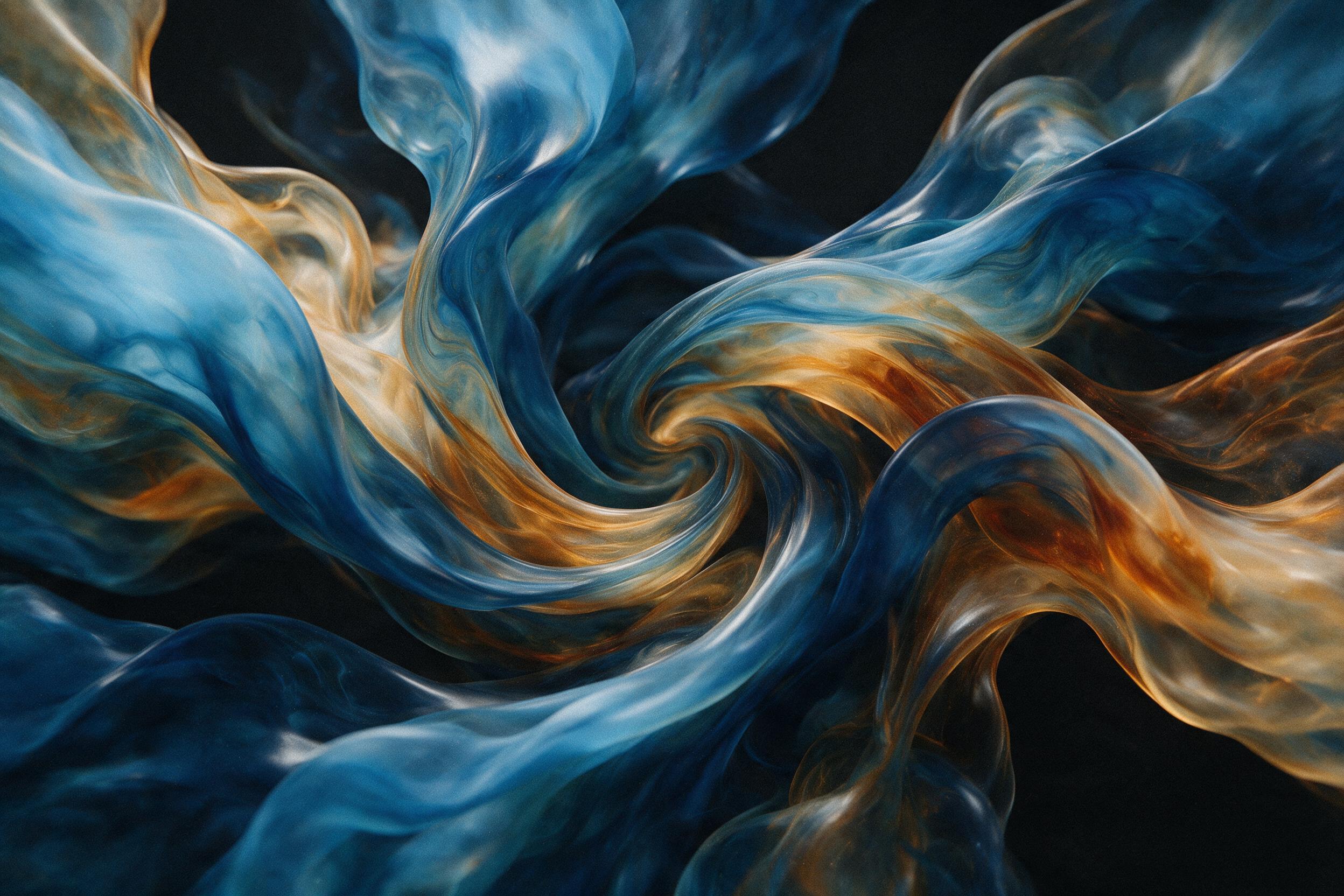 A dynamic composition of swirling, translucent blue and amber fluid shapes colliding against a matte black background. Soft, diffused overhead lighting creates subtle highlights and deep shadows, with a slight grain texture. No hard edges or text.