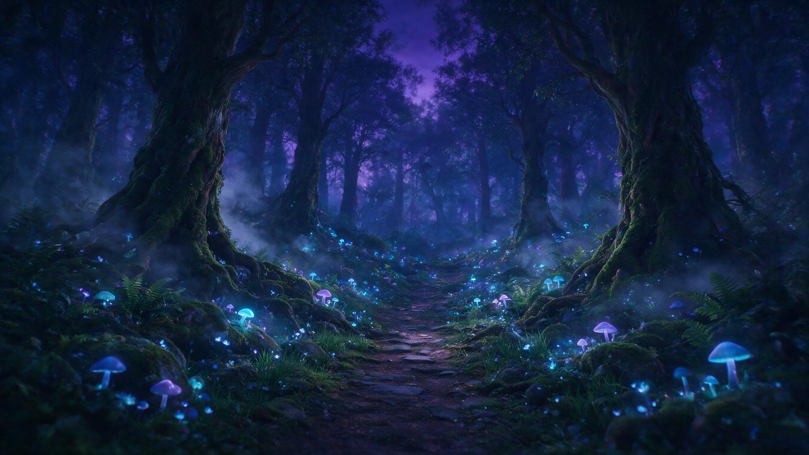 An ethereal forest at twilight, glowing mushrooms illuminate a winding path, mist swirling around ancient tree roots, soft bioluminescent light, deep purple and blue hues, dreamlike atmosphere, slight motion blur, fantasy art style