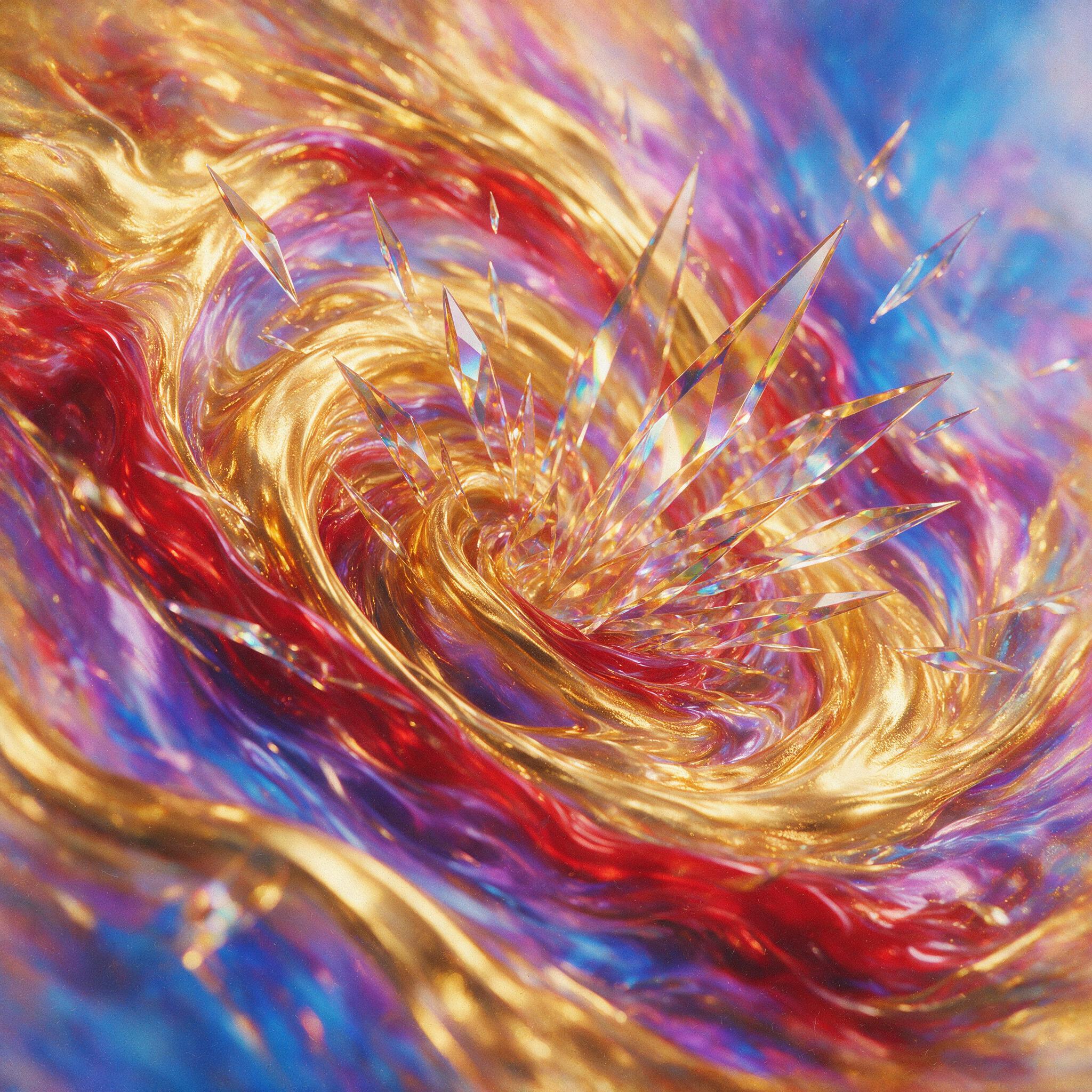 A swirling vortex of molten gold and deep crimson, blending into smooth gradients of violet and electric blue, with sharp geometric shards emerging from the center from a 45-degree angle, soft diffused studio lighting, subtle grain texture