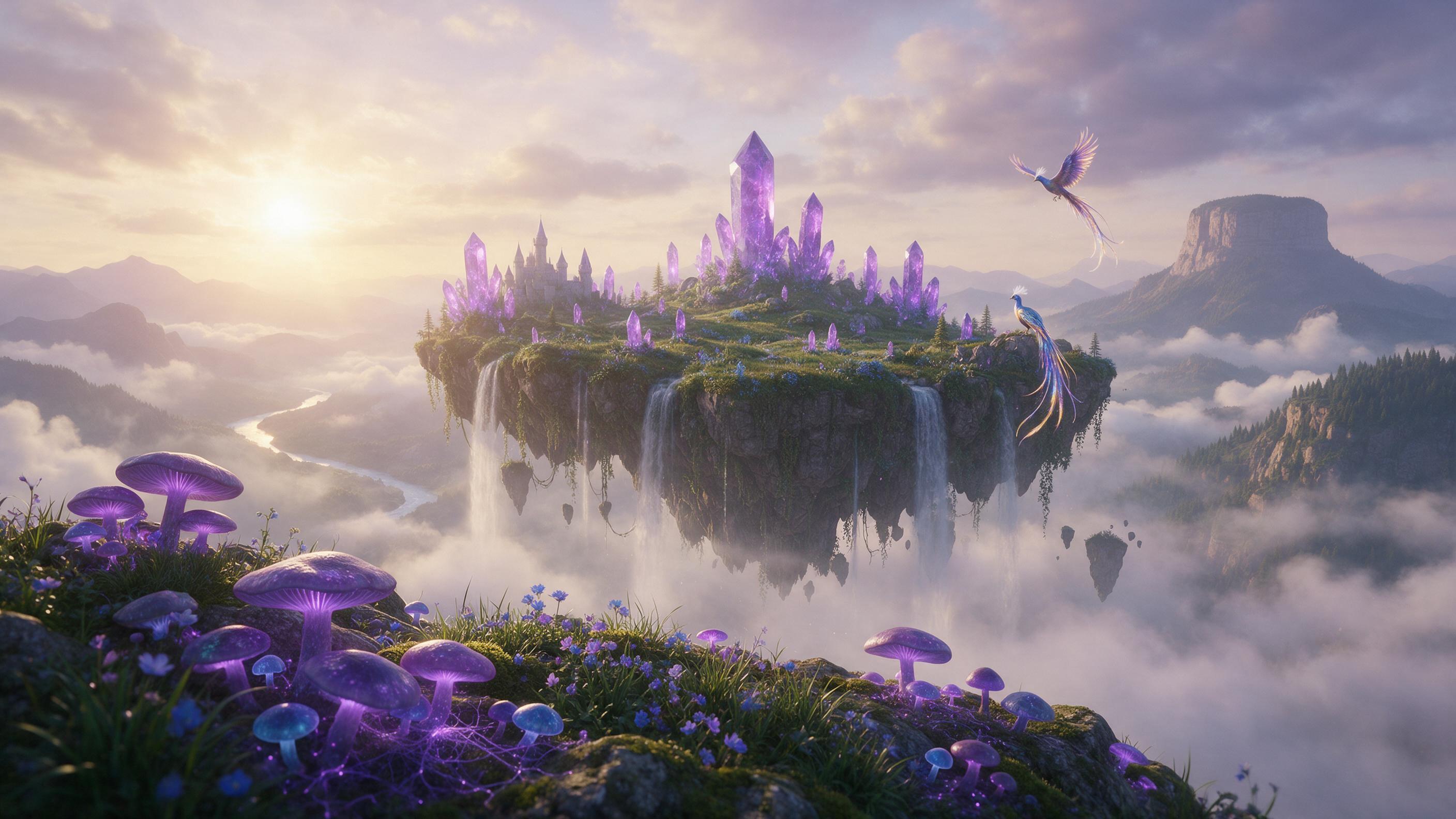 An ethereal floating island with waterfalls cascading into mist below, glowing purple crystal trees, bioluminescent mushrooms, soft golden sunrise, birds with shimmering feathers. Wide-angle composition, sharp foreground, atmospheric haze in distance.