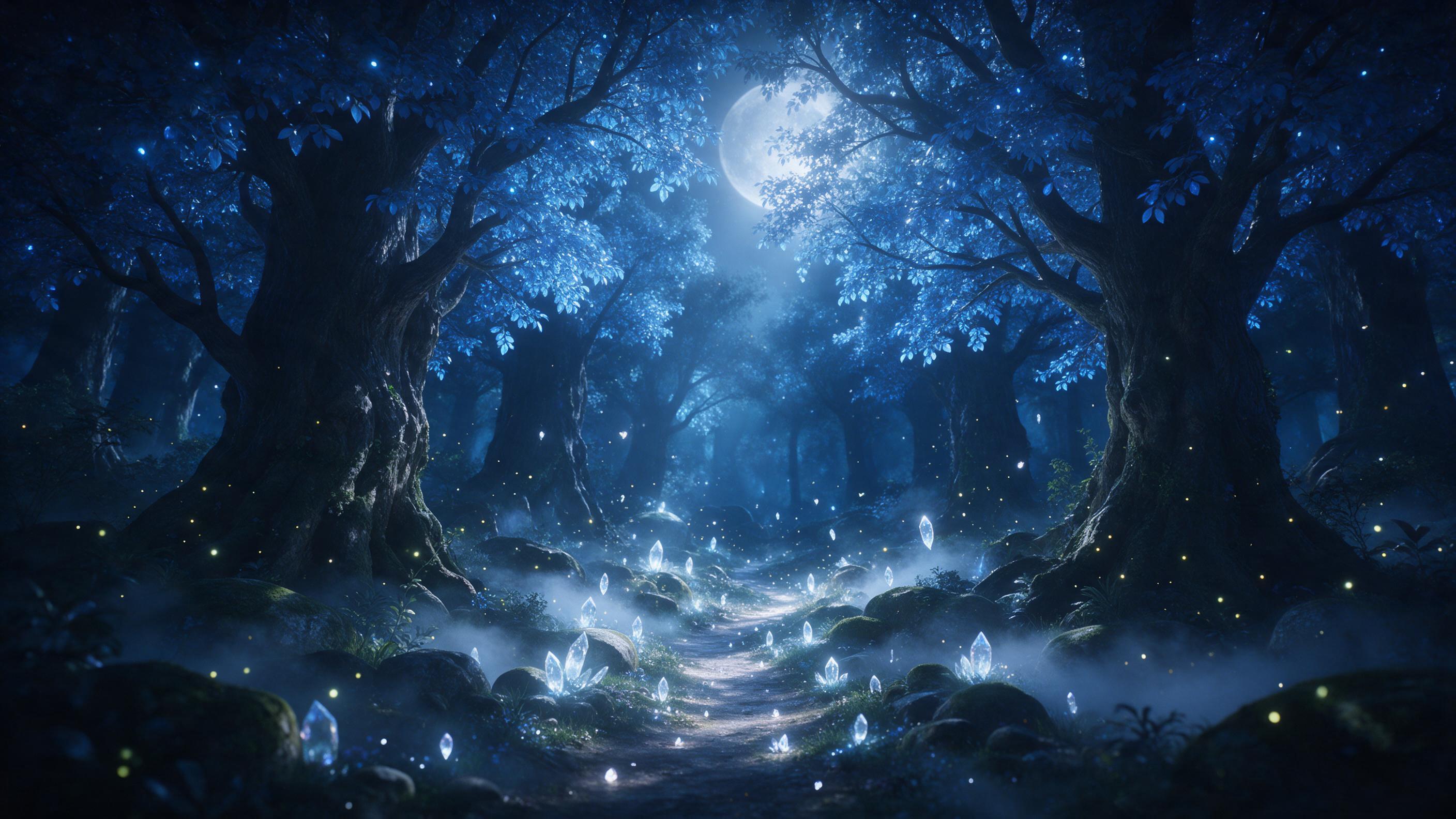 A moonlit enchanted forest, towering ancient trees with glowing blue leaves, a narrow winding path lit by floating crystals, mist curling around mossy stones, ethereal silver light filtering through canopy, delicate fireflies dancing