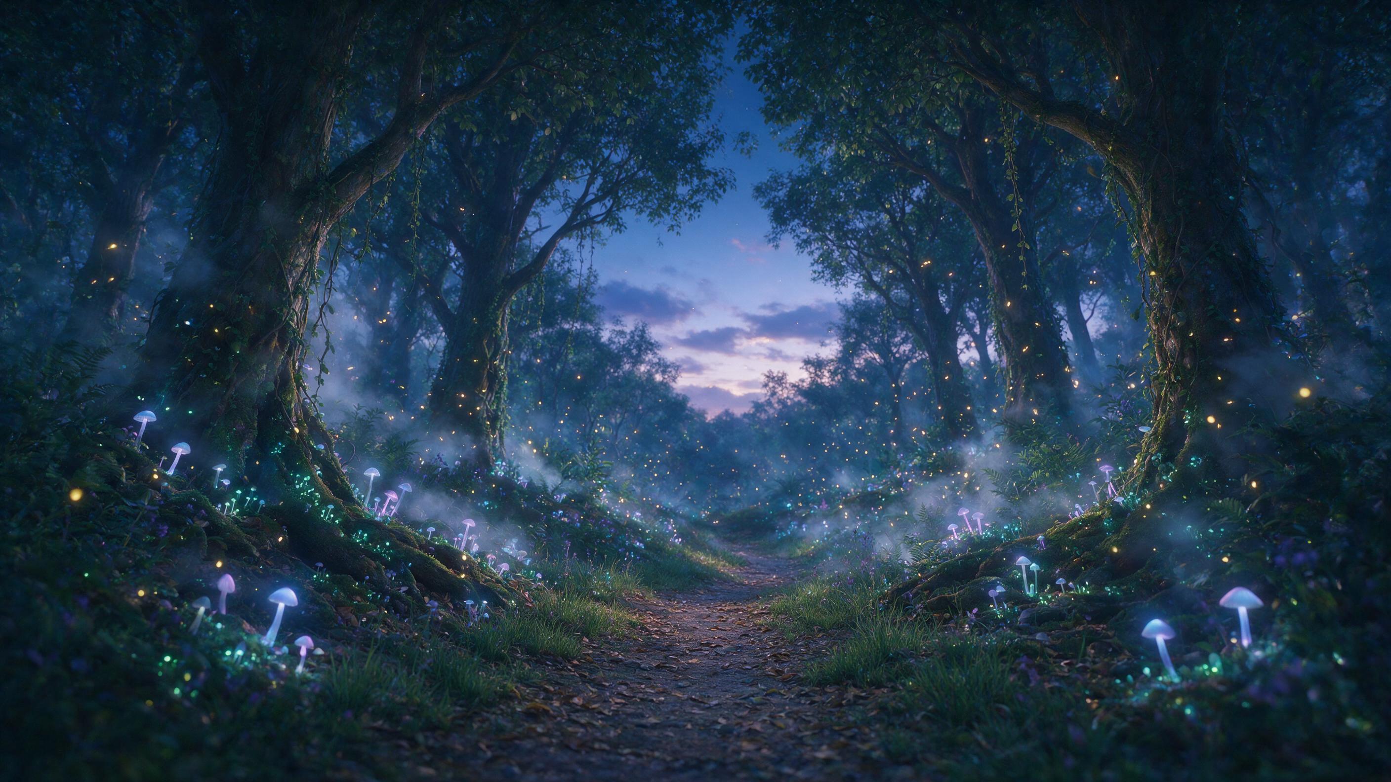 A glowing, ethereal forest at twilight, with bioluminescent mushrooms and floating fireflies illuminating a winding path, soft mist weaving through ancient trees, dreamy atmosphere with gentle blue and purple hues, slight camera softness for a magical feel.