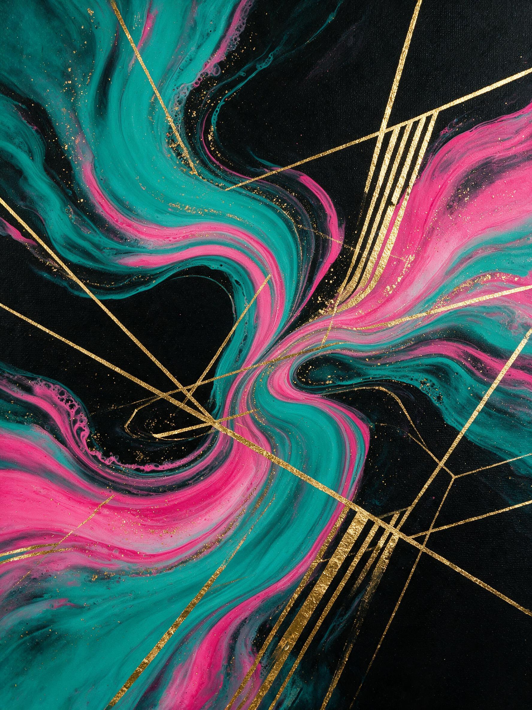 Vibrant fluid art of swirling teal and magenta acrylics, organic curves intersecting with sharp geometric gold lines, deep black background, soft diffused studio lighting, subtle texture of canvas grain, minimalist composition, no text or figures