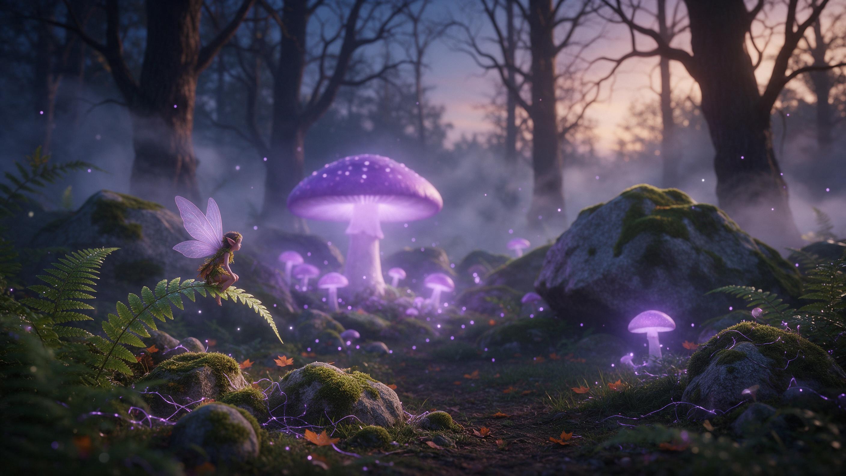 A misty enchanted forest at twilight, giant glowing mushrooms casting soft violet light on moss-covered stones, a tiny fairy with translucent wings perched on a fern, fog swirling between ancient trees, cinematic composition with layered depth, ethereal atmosphere.
