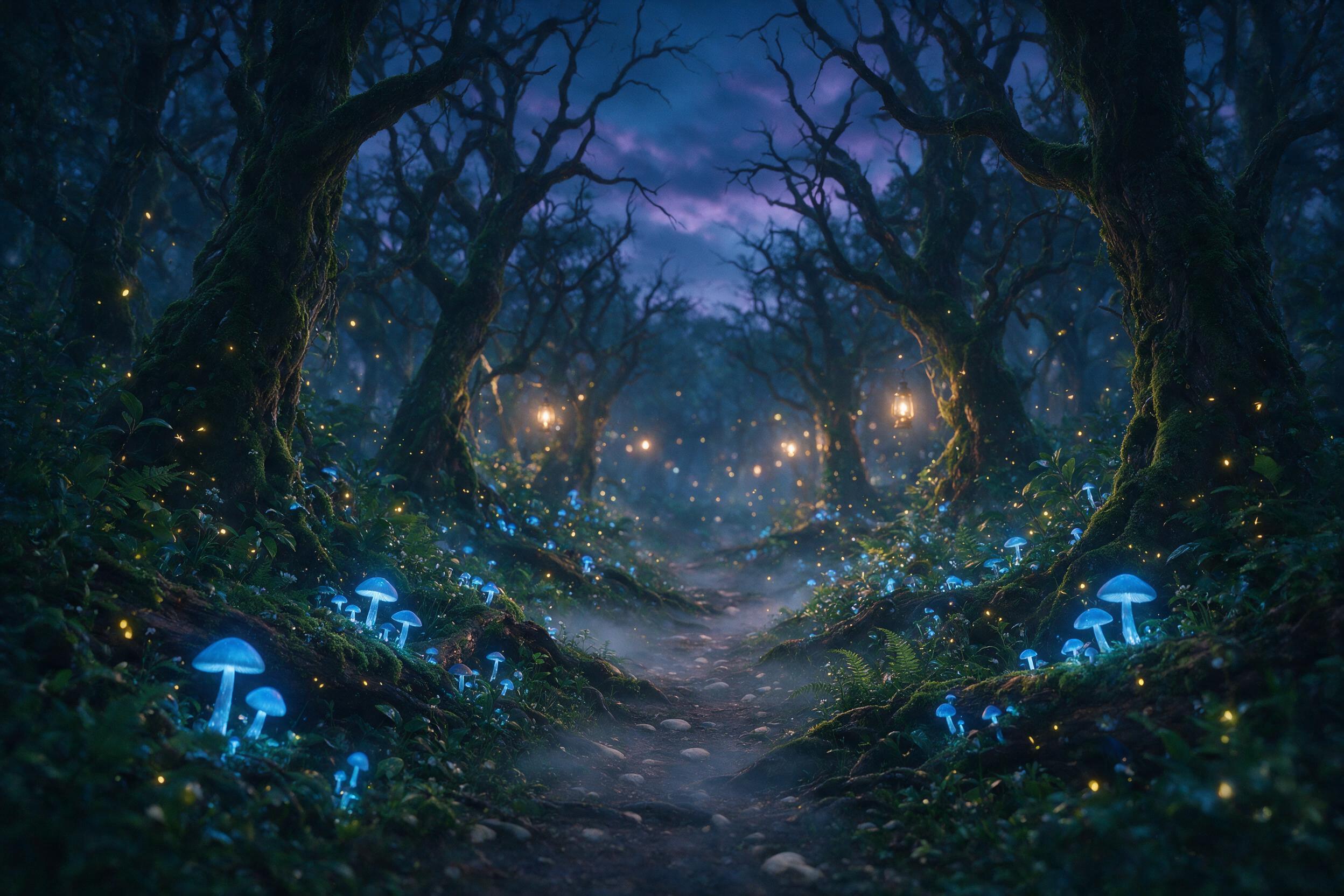 A mystical forest at twilight, glowing blue mushrooms and fireflies light the path, ancient twisted trees draped in moss, ethereal mist weaving through gnarled roots, soft golden bokeh from distant lanterns, shallow depth of field, cinematic mood, subtle grain, no harsh shadows or overexposure