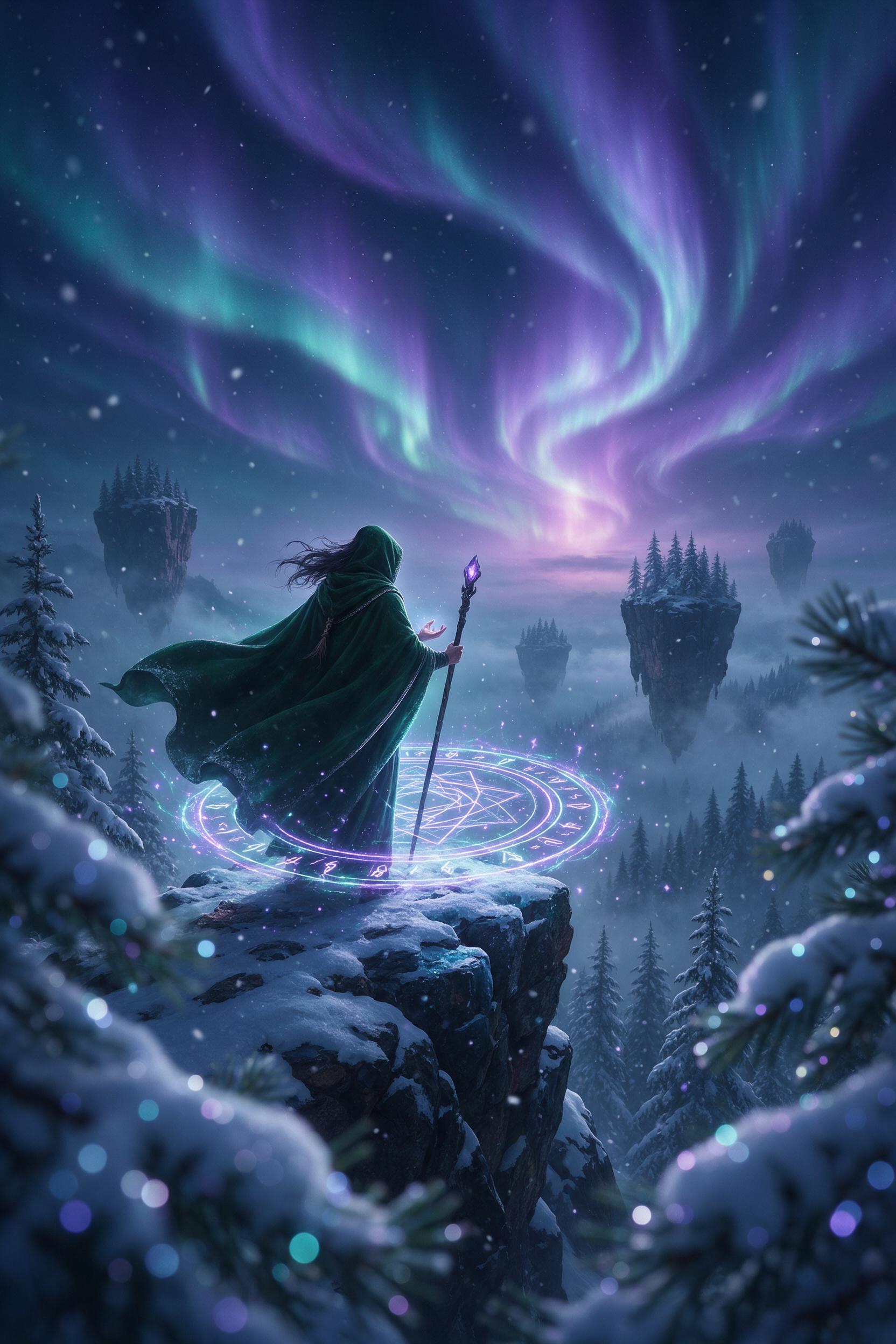 A lone mage on a clifftop under a swirling aurora of violet and teal, casting a glowing rune circle. Snow-dusted pines below, distant floating islands wreathed in mist. Rim-lit by the aurora, soft snowflakes catching light. Wide shot, bokeh on foreground branches.