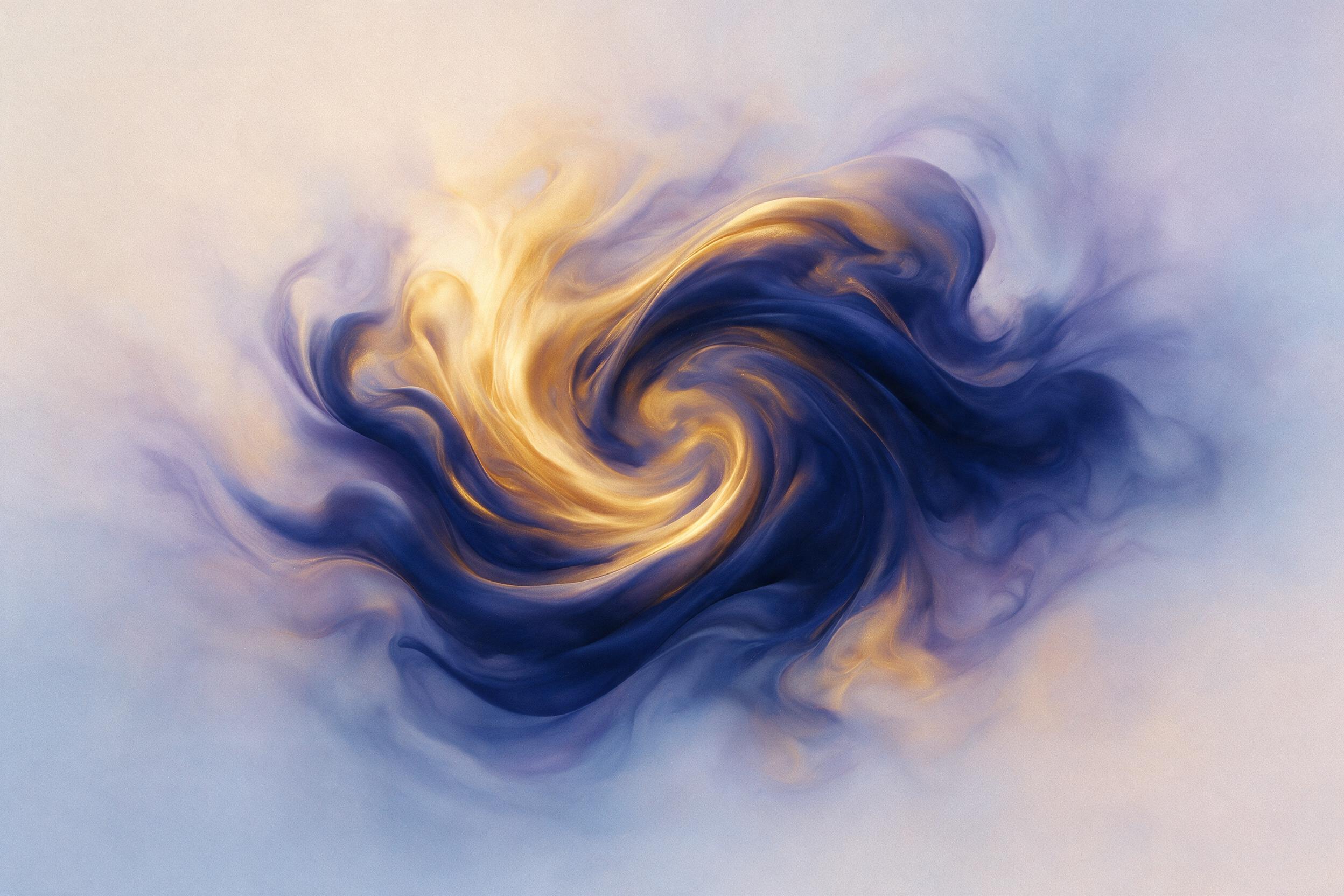 A swirling vortex of molten gold and deep indigo, fluid shapes intertwining like celestial nebula, soft gradient transitions, minimalist composition with negative space, smooth matte texture, soft diffused light from upper left, subtle grain texture
