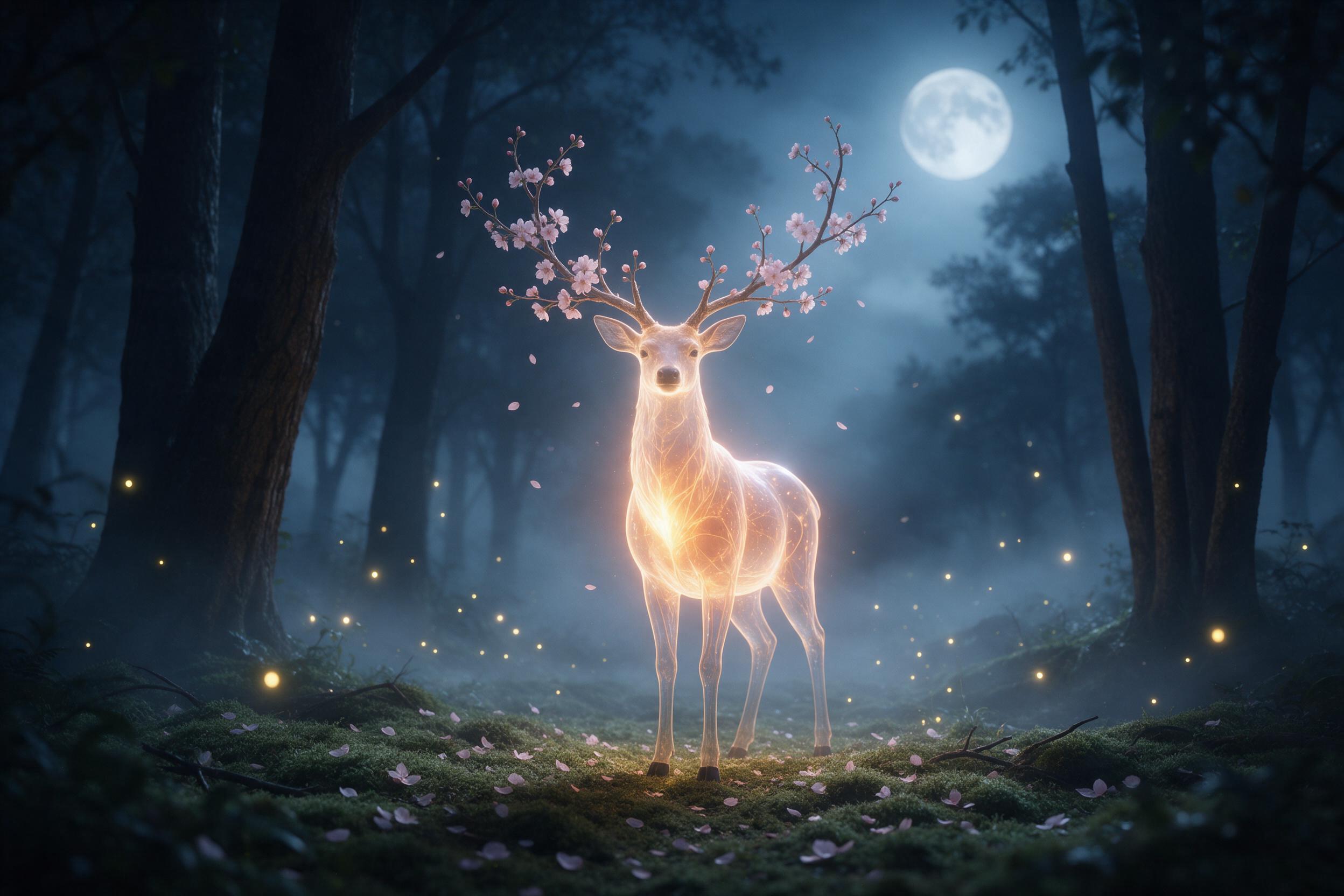 A misty, moonlit forest clearing where a glowing, translucent stag with antlers of blooming cherry blossoms stands among fireflies. Ground covered in soft moss and fallen petals. Composition centered on stag, with depth from dark, silhouetted trees. Cool blue moonlight mixed with warm, magical glow 
