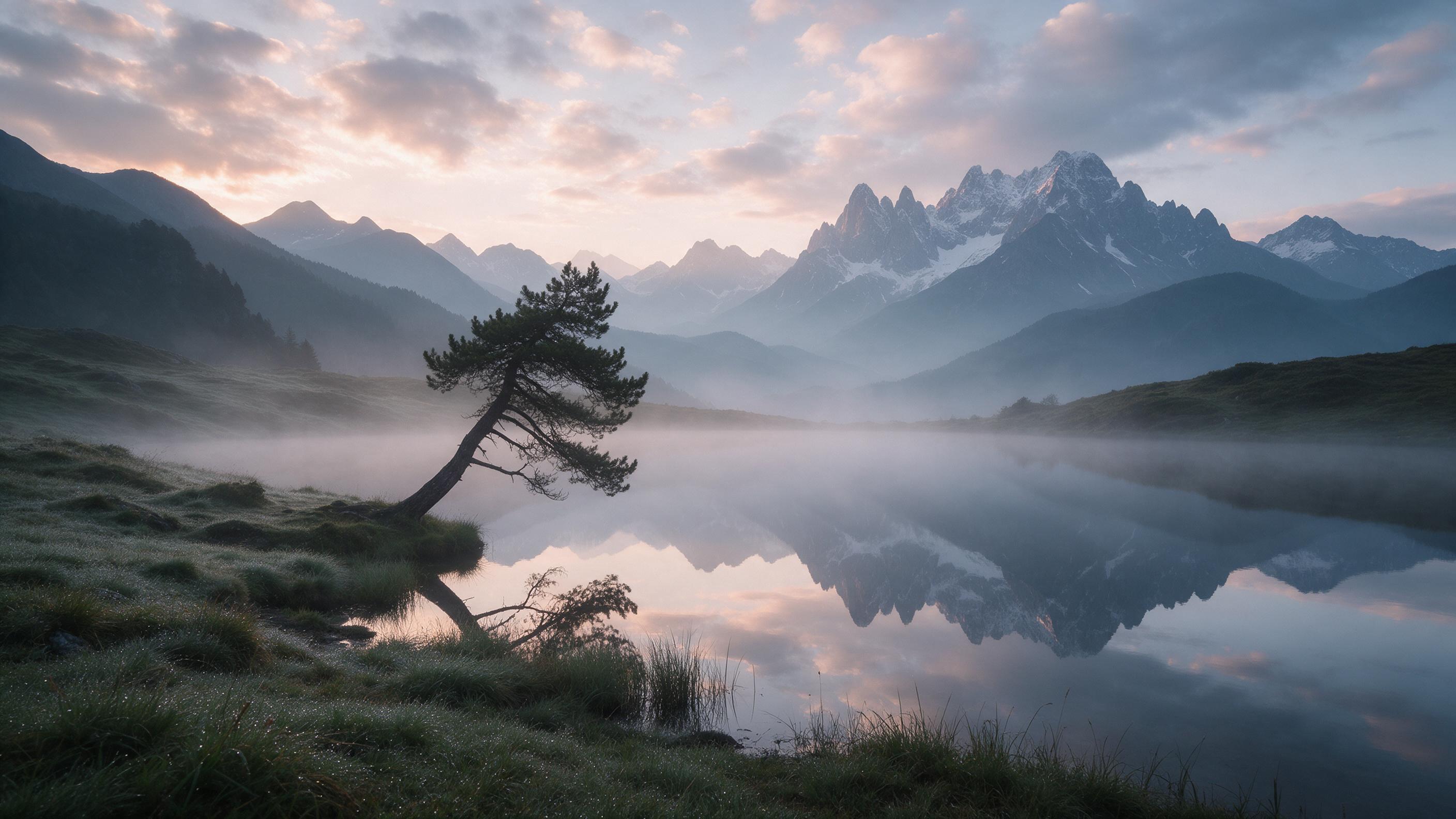 Misty alpine lake at dawn, still water reflecting jagged snow-capped peaks, soft pink and gold light breaking through clouds, a lone pine tree leaning over the shore, damp air and dew on grass, wide-angle composition with layered mountain ridges fading into distance, subtle atmospheric haze, peacefu