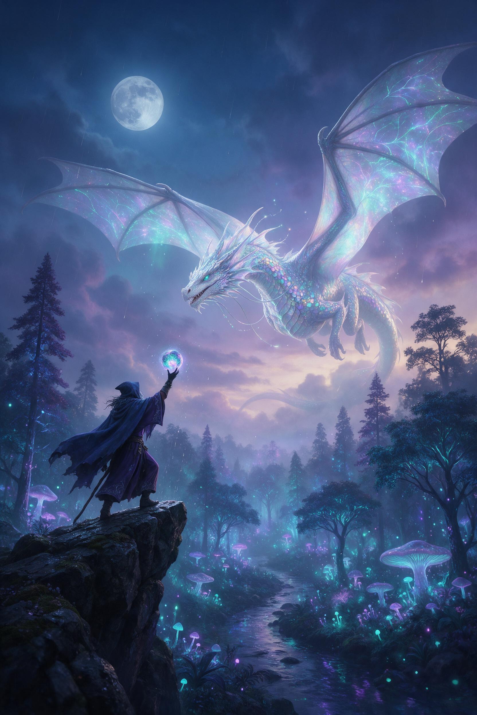 A celestial dragon with scales of shimmering opal gliding through a twilight sky above a bioluminescent forest, its wings casting soft teal and lavender light on the trees below; a lone wizard on a stone cliff raises an orb, deflecting sparse raindrops; misty air, cool moonlight, low-angle compositi