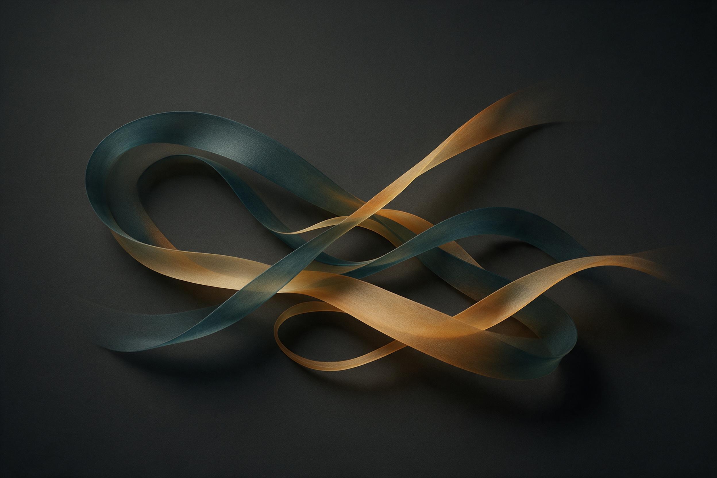 A minimalist abstract composition of flowing translucent ribbons of deep teal and warm amber, intersecting against a matte charcoal background. Soft directional light casts gentle shadows, revealing subtle grain and texture. Central balanced arrangement with generous negative space, evoking calm mot