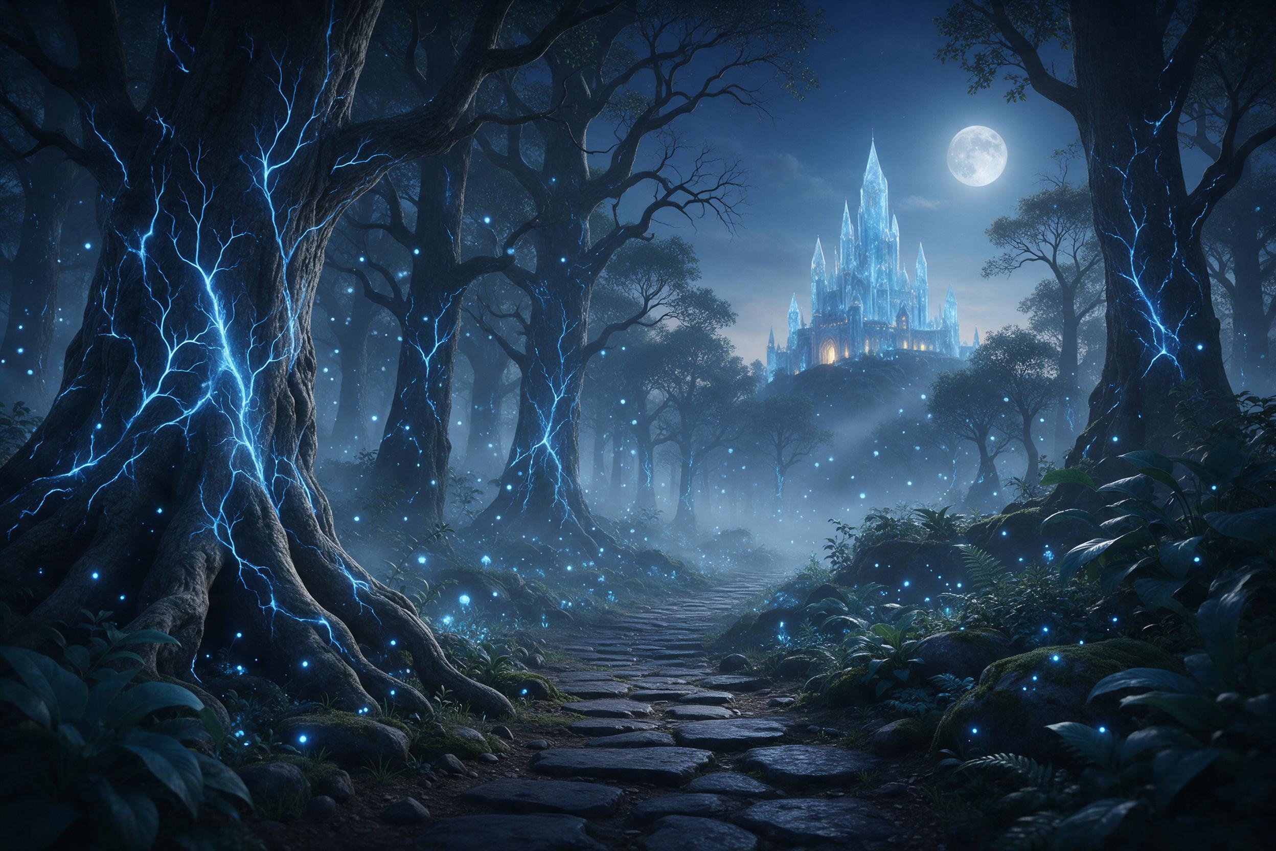 A misty bioluminescent forest at twilight, towering ancient trees with glowing blue veins, shimmering ethereal fireflies, a winding stone path leading to a distant crystal castle, soft silver moonlight filtering through fog, dreamy atmosphere, intricate details, cinematic composition