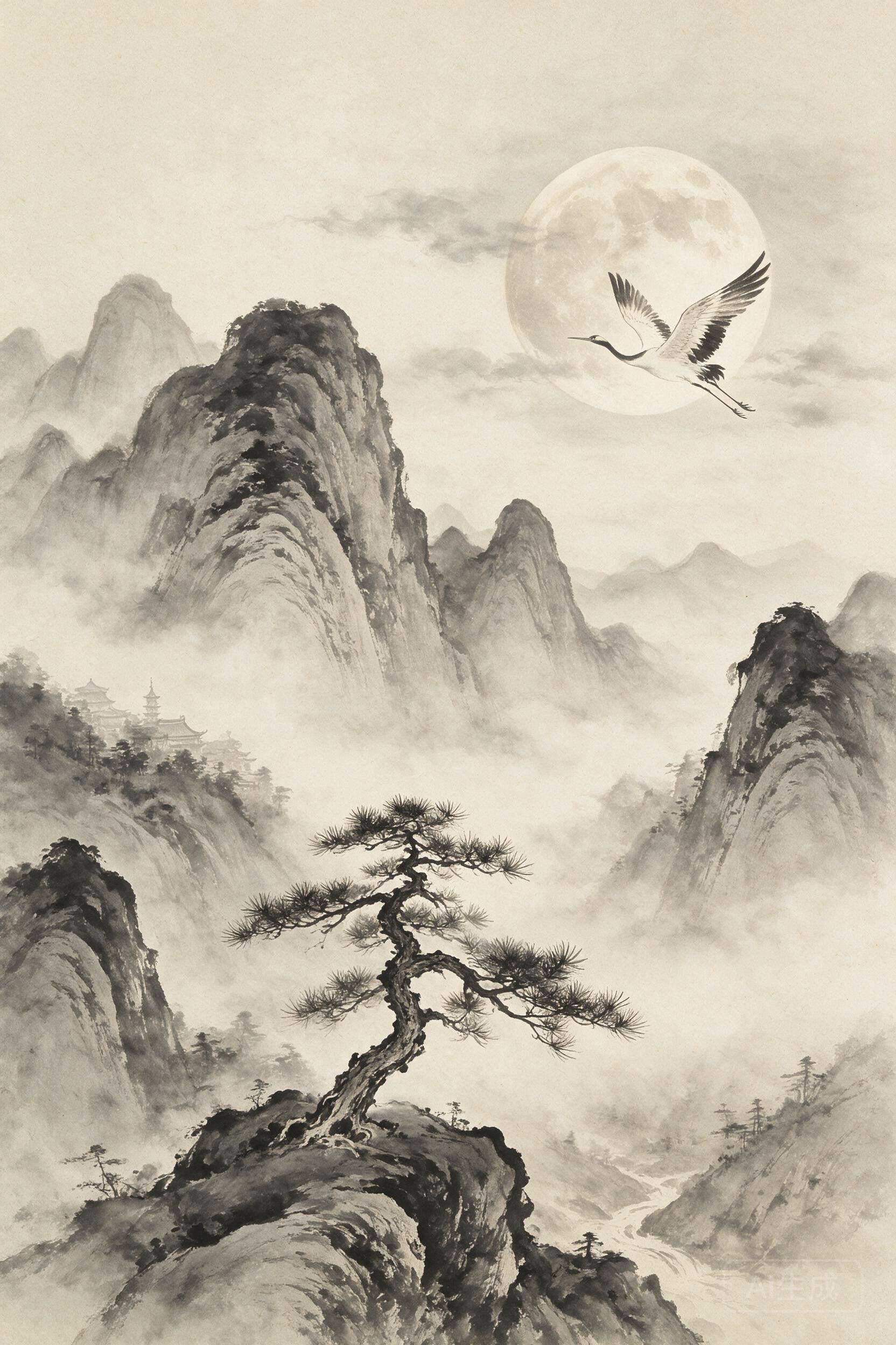 Traditional ink wash painting style, misty mountains with solitary pine, crane flying across the moon, monochrome