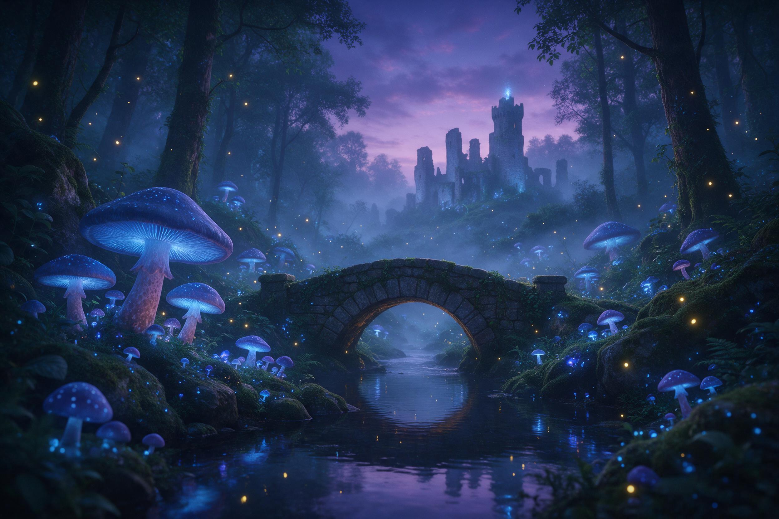 A misty bioluminescent forest at twilight, giant glowing mushrooms casting soft blue light, a small stone bridge over a reflective stream, fireflies in the air, deep purple and emerald tones, distant ethereal castle ruins, dreamy atmosphere, luminous details