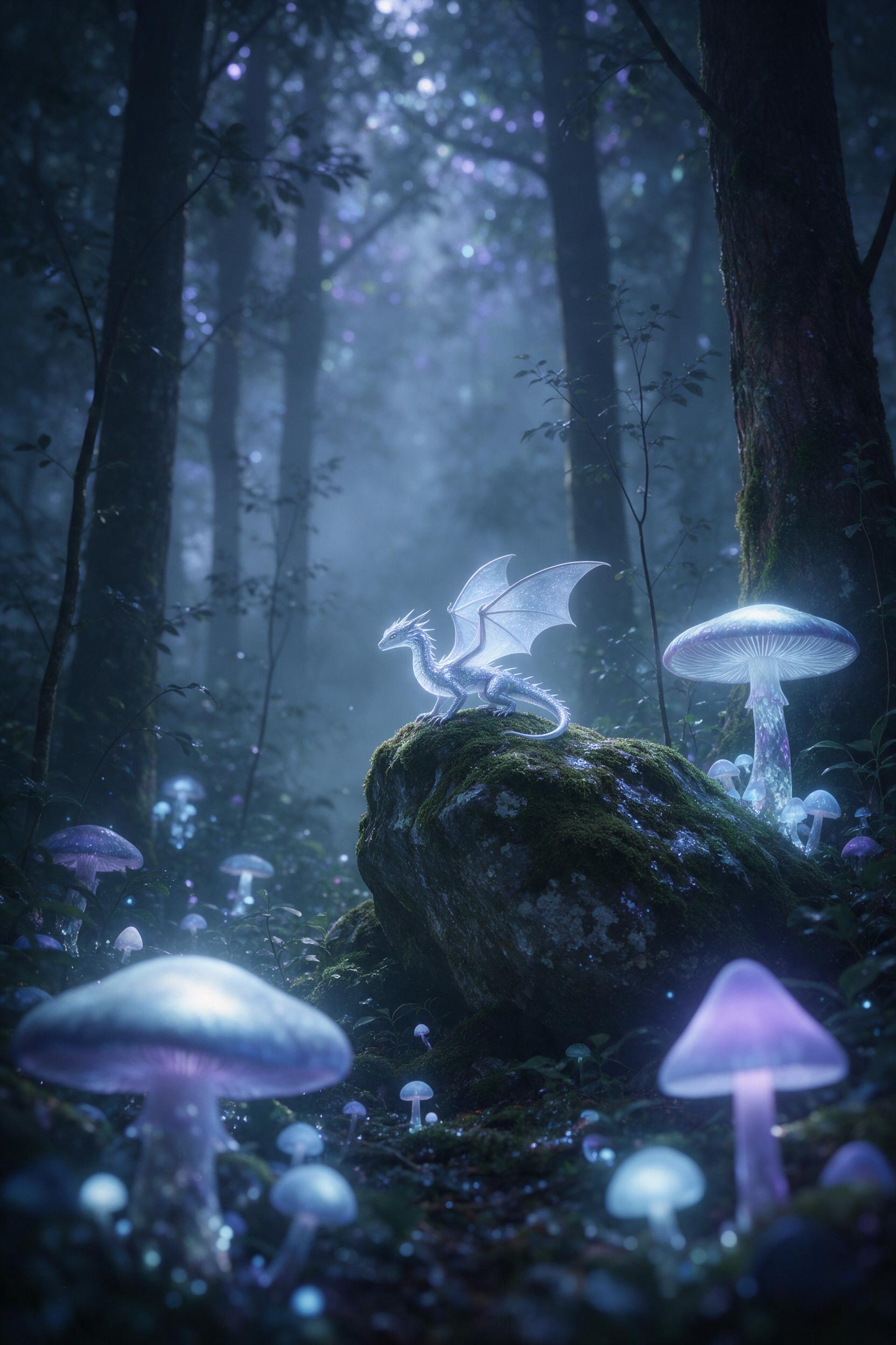 A misty ancient forest with giant bioluminescent mushrooms, a tiny glowing dragon perched on a mossy stone, soft blue and purple light filtering through tall trees, ethereal atmosphere, shallow depth of field, green and silver tones