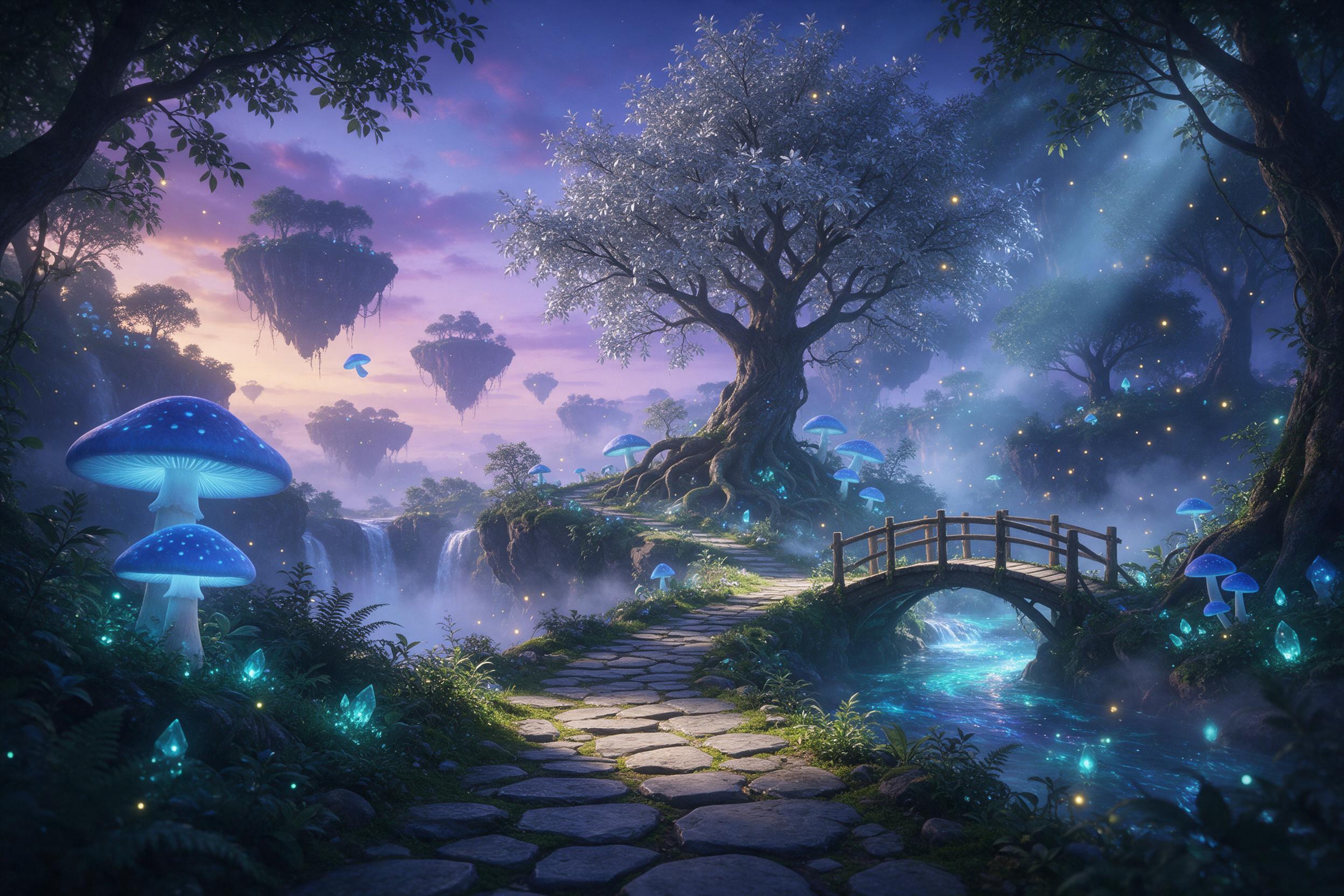 An ethereal floating forest island at twilight, massive glowing blue mushrooms lighting a winding stone path, mist shrouds ancient trees with silver leaves, a small wooden bridge over a glowing stream, shimmering fireflies, soft violet and teal color palette, dreamy atmosphere, volumetric light filt