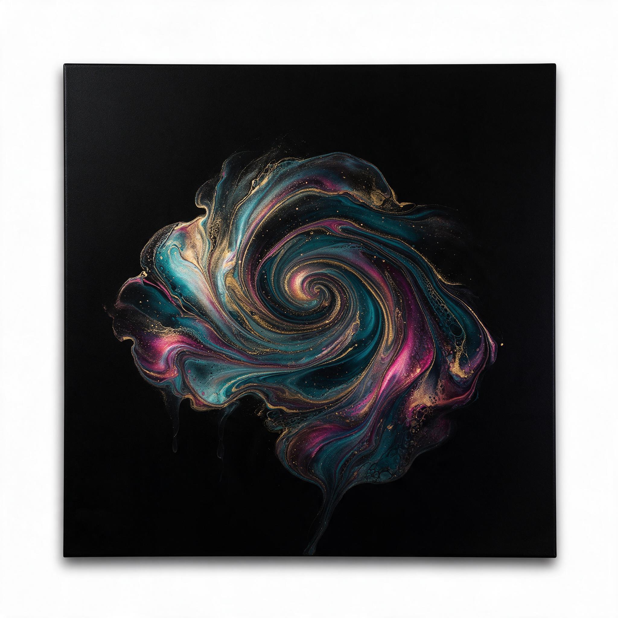 Fluid art of swirling iridescent ink on black canvas, dynamic curves in gold, teal, and magenta, sharp lighting from upper left creating subtle reflections, composition centered with negative space, minimal and elegant, no text