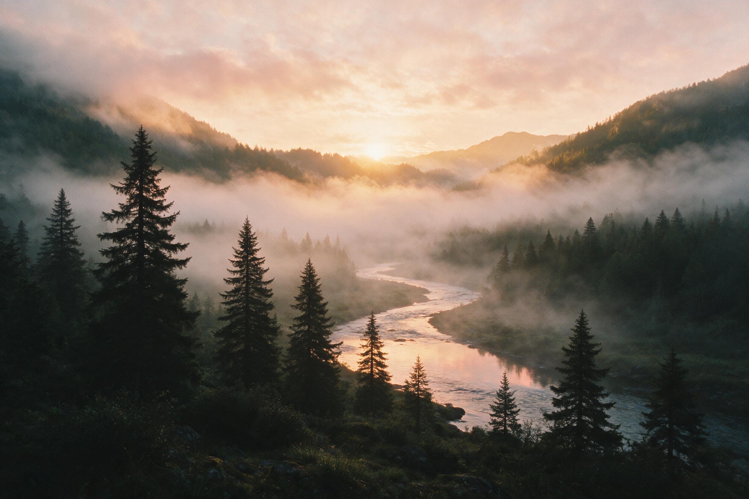 A misty mountain valley at dawn, soft golden light piercing through fog, pine trees silhouetted in the foreground, a winding river reflecting the sky, peaceful atmosphere, shot on film, natural grain, slight haze, no people or buildings.