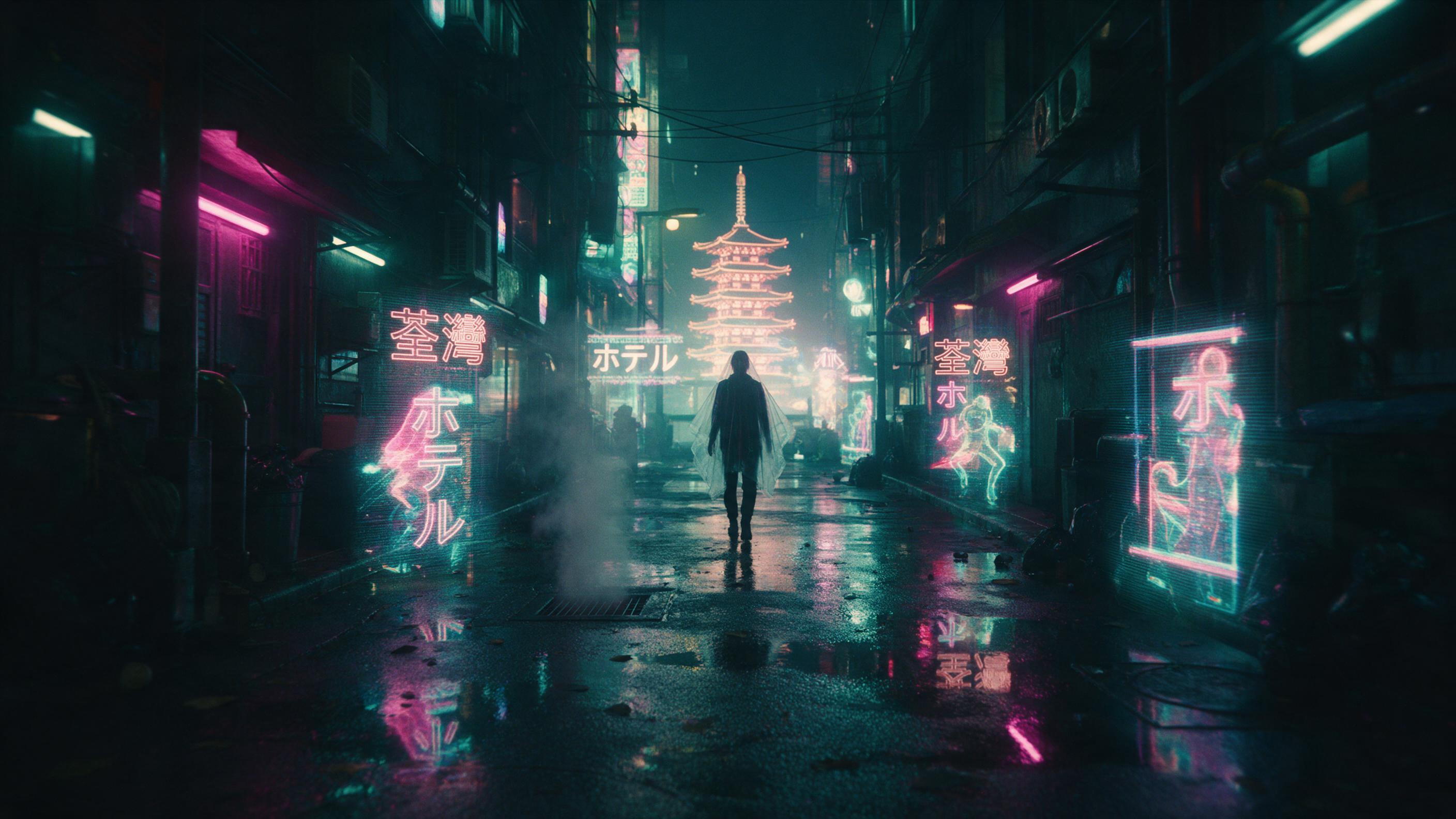Neon-lit cyberpunk alley at night, rain-slicked asphalt reflecting holographic advertisements in Cantonese and Japanese, steam rising from a vent, silhouette of a lone figure in a translucent poncho walking toward a distant glowing pagoda, shallow depth of field, cinematic teal and magenta color gra