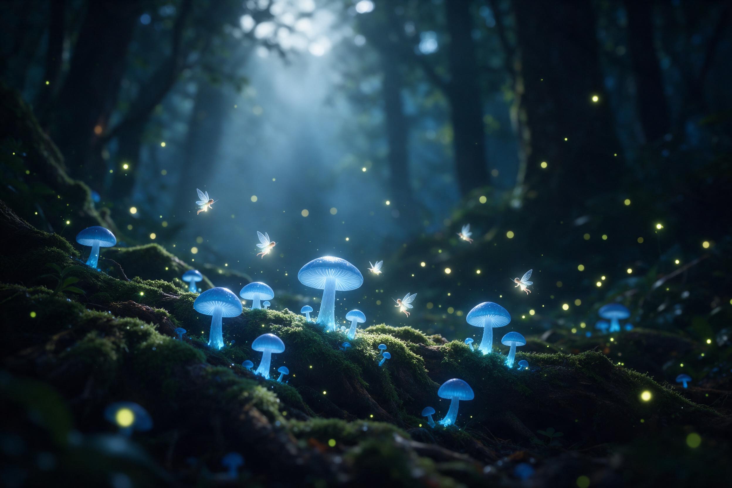 Glowing blue mushrooms in a dark enchanted forest, misty air, moss-covered roots, tiny winged fairies with soft light, fireflies, moonbeam rays breaking through canopy, whimsical, shallow depth of field.