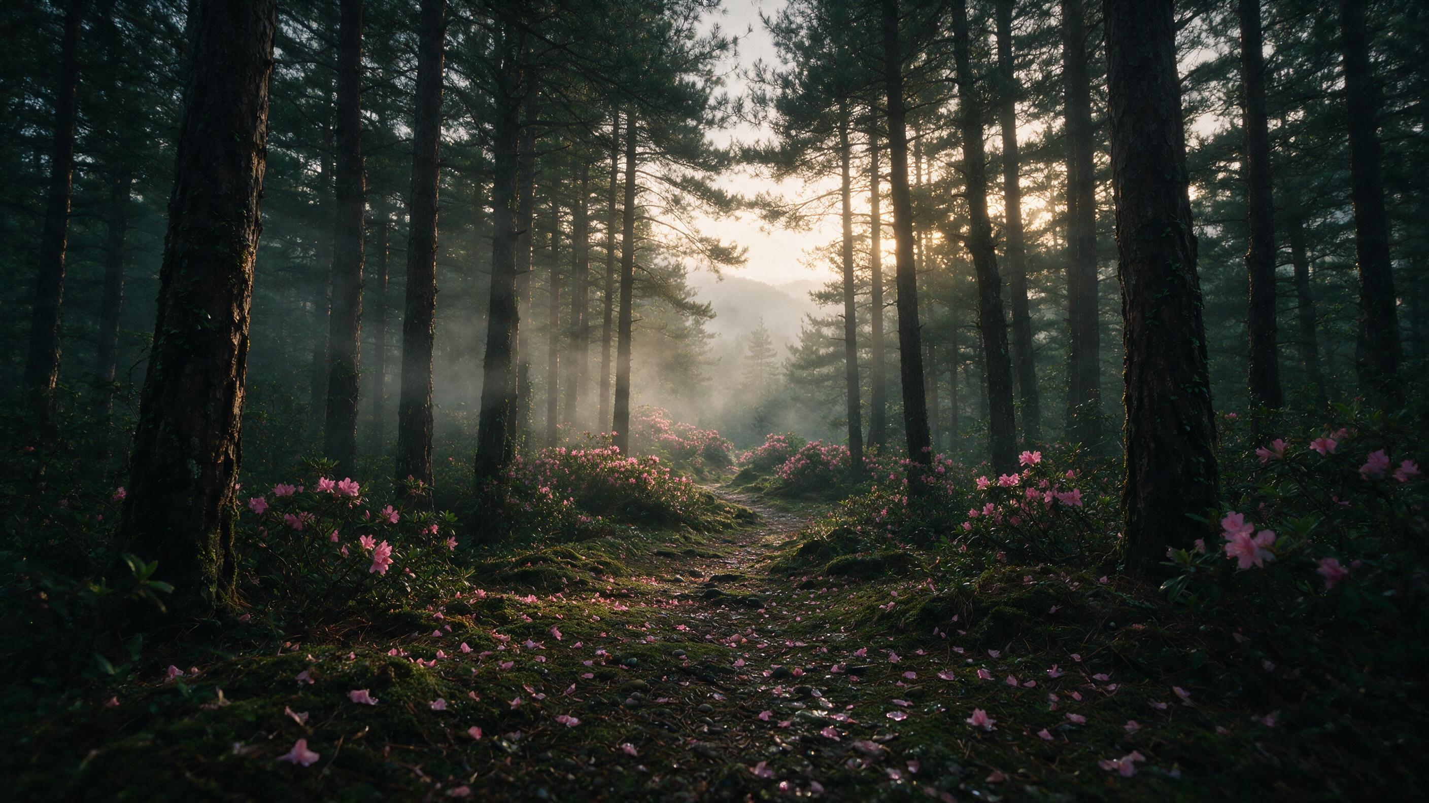 A narrow, winding footpath through a dim coniferous forest at dawn, soft golden light filtering through mist between tall pines, scattered pink rhododendron blossoms on the wet mossy trail, a distant fog-shrouded ridge, calm, intimate atmosphere, muted natural colors, shallow depth of field, slight 