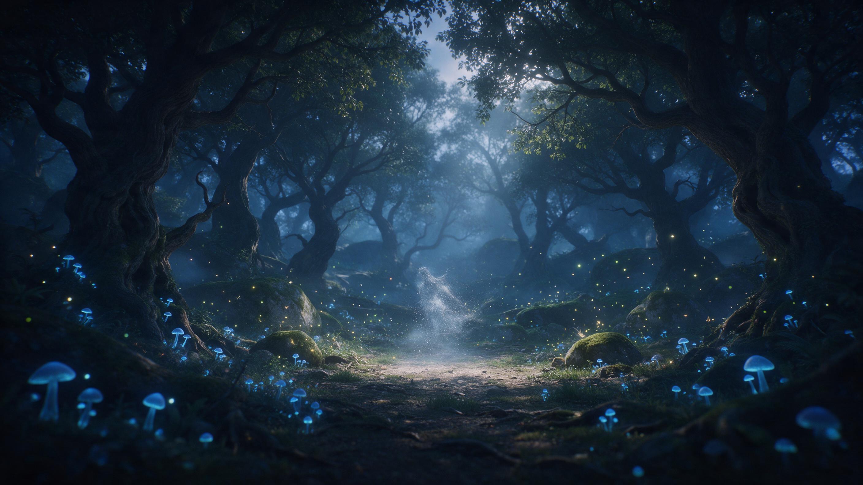 Enchanted forest clearing at twilight, ancient twisted trees with glowing blue mushrooms, a wandering spirit shimmering in silver mist, fireflies dancing around mossy stones, soft moonbeam filtering through canopy, misty atmosphere, faint ethereal glow, cinematic composition