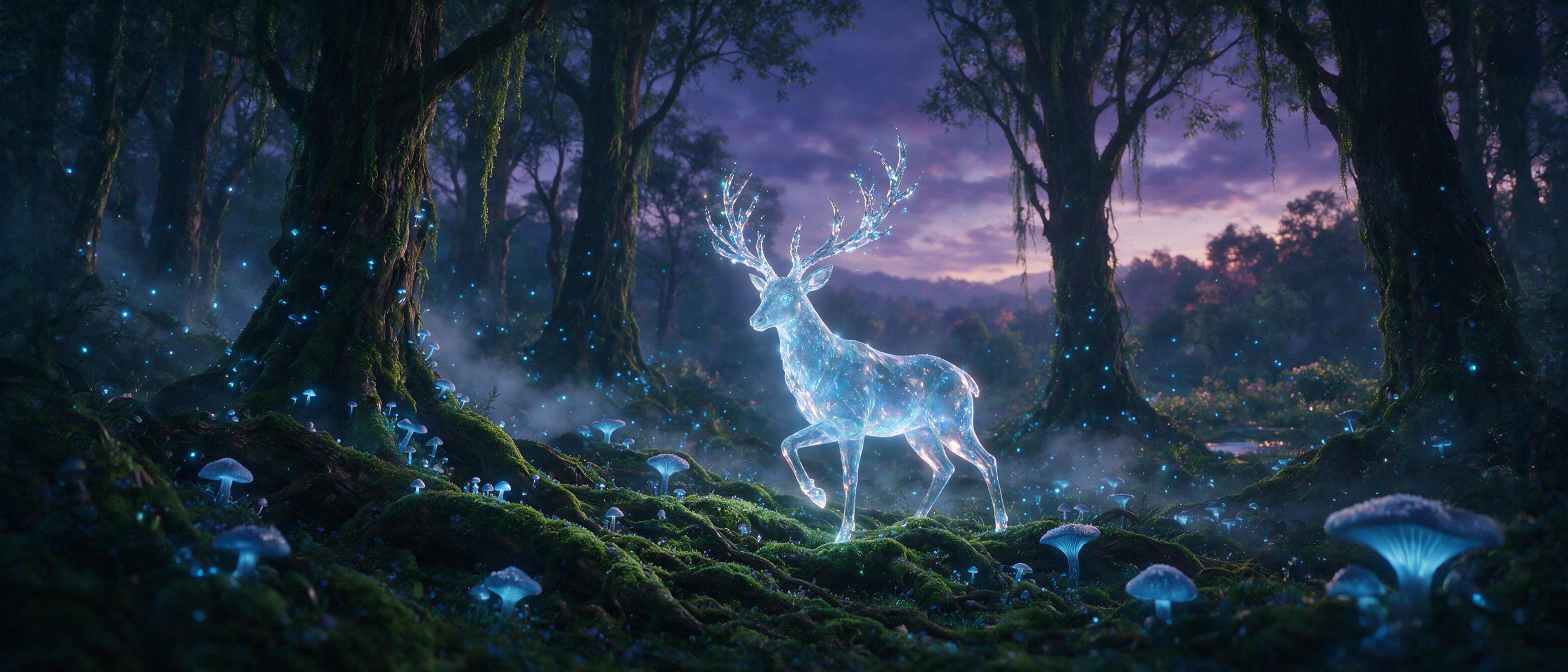 A luminous forest at twilight, glowing mushrooms and floating fireflies casting soft blue light, a translucent deer with antlers made of crystal steps silently through moss-covered roots, mist swirling, ethereal atmosphere, cinematic composition, natural lighting, shallow depth of field