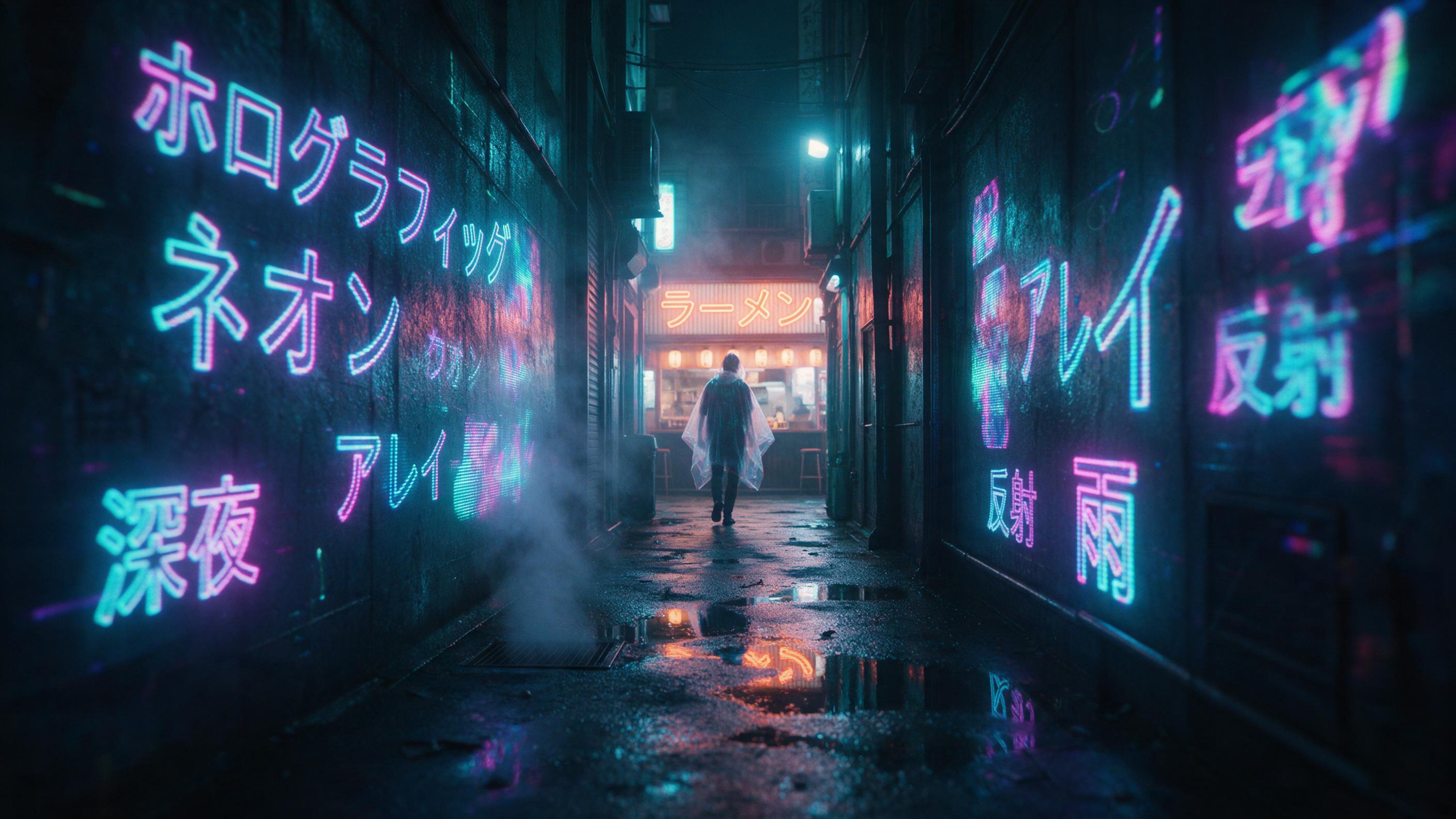A rain-slicked neon alley at midnight, holographic kanji flicker on wet concrete walls, steam rising from a vent, a lone figure in a translucent poncho walks toward a distant glowing ramen bar, cyan and magenta reflections in puddles, shallow depth of field, cinematic lighting with soft haze, slight