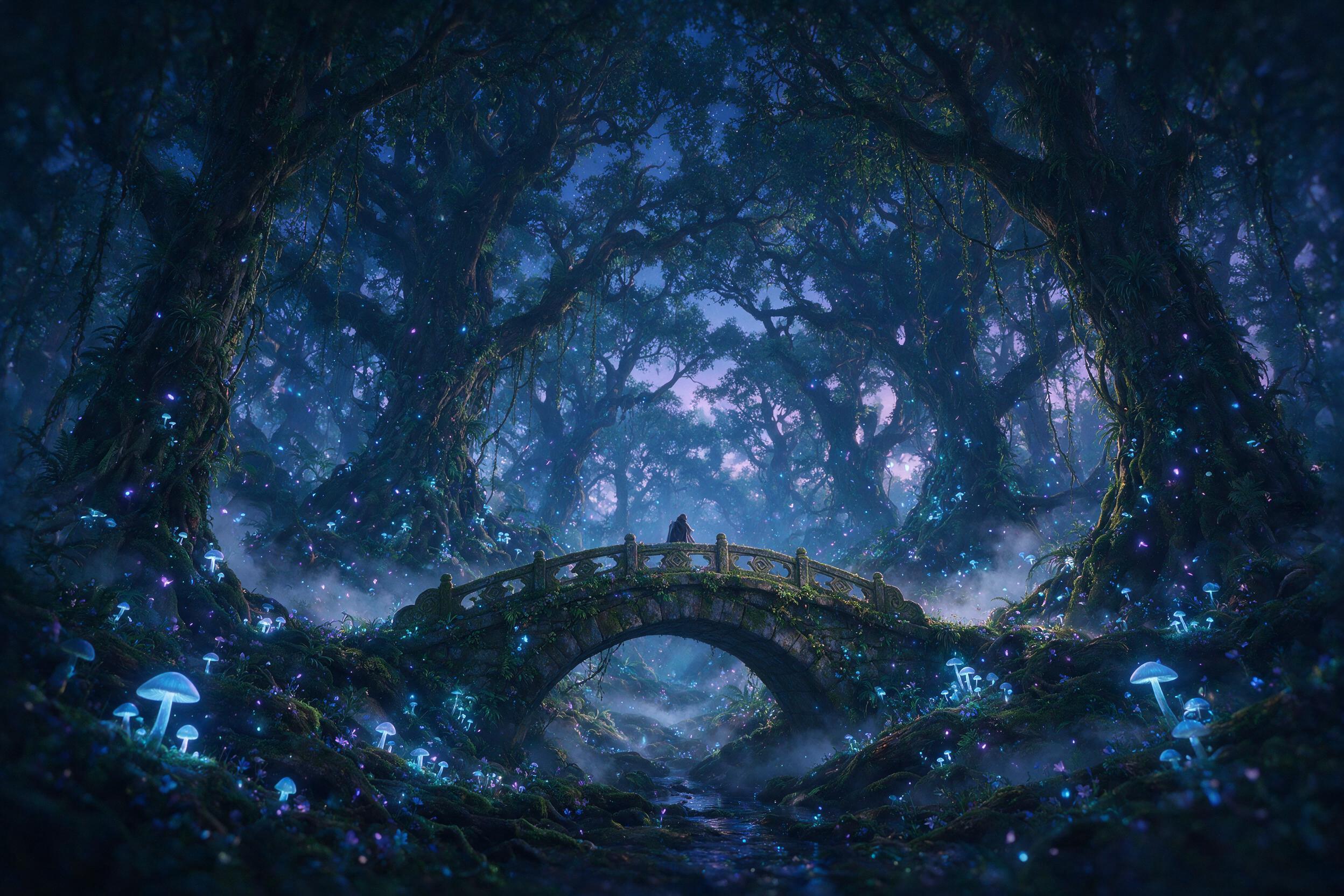 A luminous ancient forest at twilight, bioluminescent mushrooms and floating pollen cast soft blue and purple light, a cloaked figure stands on a mossy stone bridge, mist weaves through twisted roots, gentle fog diffuses the atmosphere, subtle vignette at edges, dreamlike soft focus.