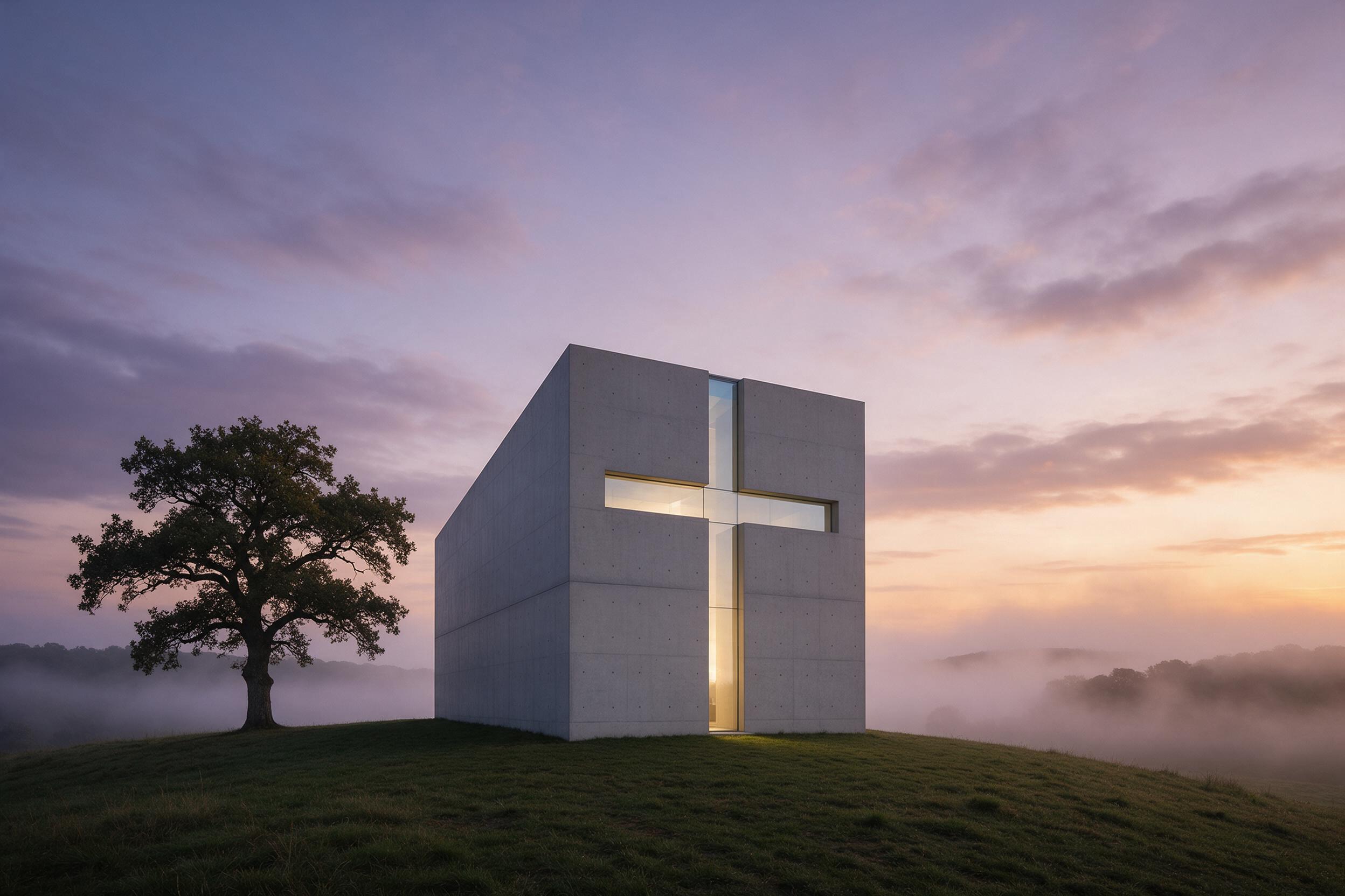 A minimalist concrete chapel stands on a grassy hill at twilight, large glass cross glowing from within, soft purple and orange sky, rolling mist, single oak tree to the left, clean lines, wide-angle composition