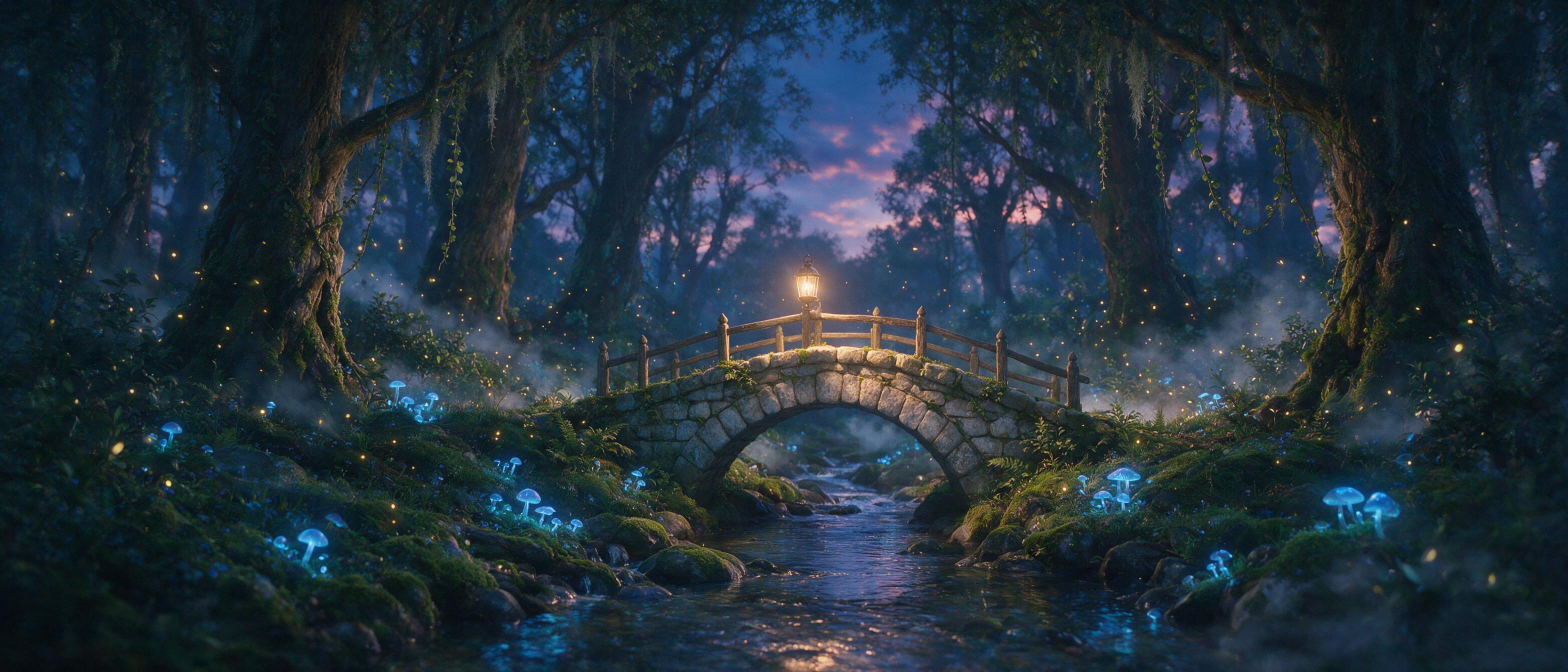An enchanted forest at twilight, glowing blue mushrooms and hanging vines, a small stone bridge over a stream, fireflies floating in the air, soft mist rising from the ground, warm golden light from a lantern on the bridge, cinematic wide shot, dreamy atmosphere, slight grain, shallow depth of field