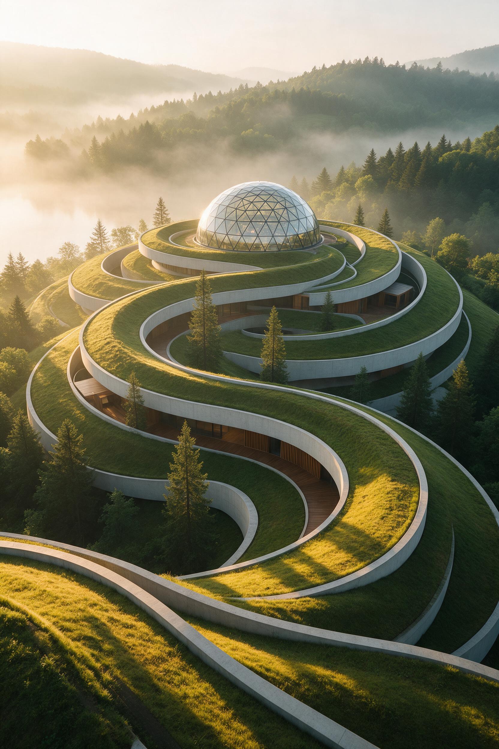 Aerial view of undulating green-roofed terraces cascading down a hill, forming a spiral pattern around a central glass dome, soft morning mist, warm golden sunlight casting long shadows, low-angle perspective, minimalist concrete and wood textures, no people, no text.