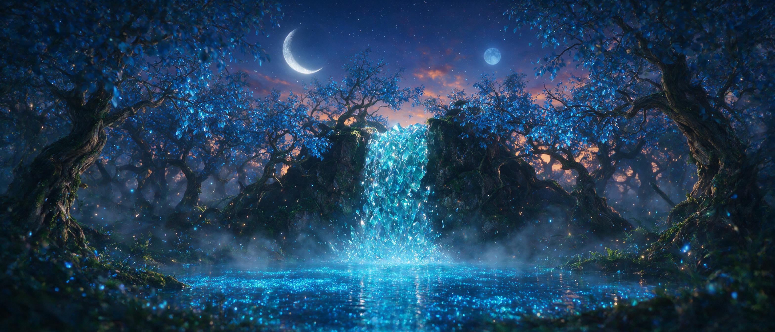 A glowing crystal waterfall cascades into a bioluminescent pool beneath a twilight sky with two moons, surrounded by twisting ancient trees with luminous blue leaves, soft mist rising from the water, ethereal light particles floating in air, cinematic composition with shallow depth of field