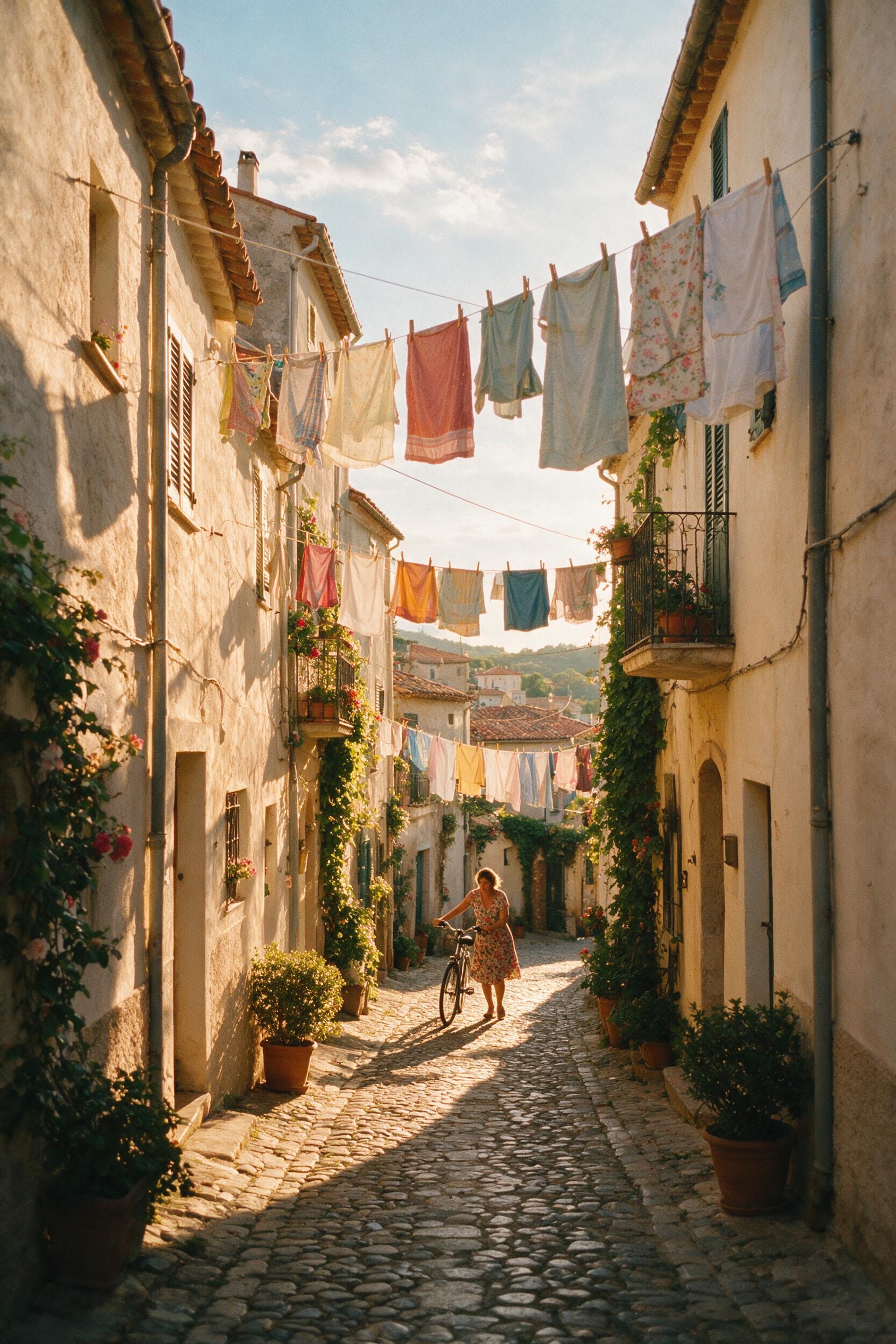 Golden hour spills through a narrow alley in a Mediterranean village, laundry lines crisscross overhead, a woman in a floral dress walks a bicycle, warm stucco walls, soft shadows, 35mm film grain, natural light, candid street moment