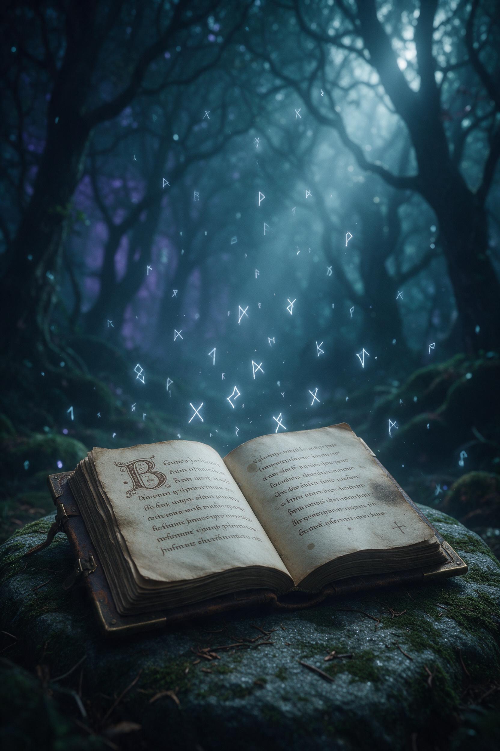 An ancient book lies open on a mossy stone in a misty twilight forest, glowing runes floating upward like fireflies, shafts of pale moonlight filtering through twisted branches, deep teal and violet color palette, cinematic close-up composition, ethereal atmosphere