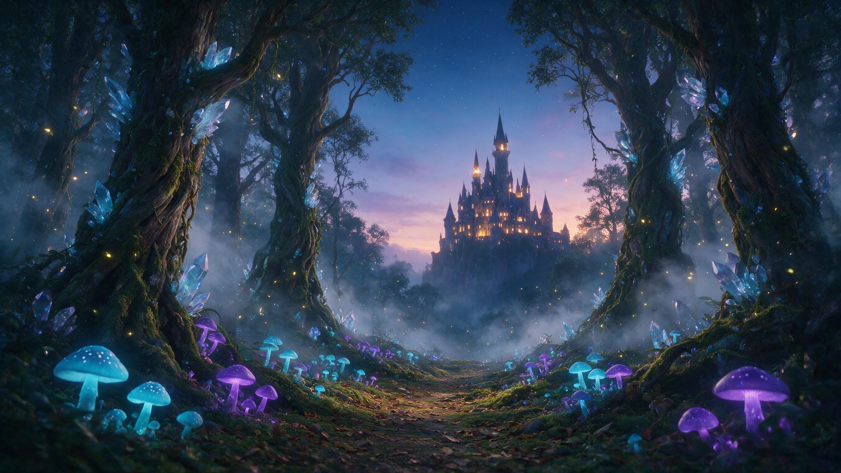 A glowing crystal forest at twilight, bioluminescent blue and purple mushrooms line a winding path, soft mist between towering twisted trees, fireflies drifting in the air, a distant castle silhouette on a cliff, warm golden light from the castle windows contrasting with cool forest tones, shallow d