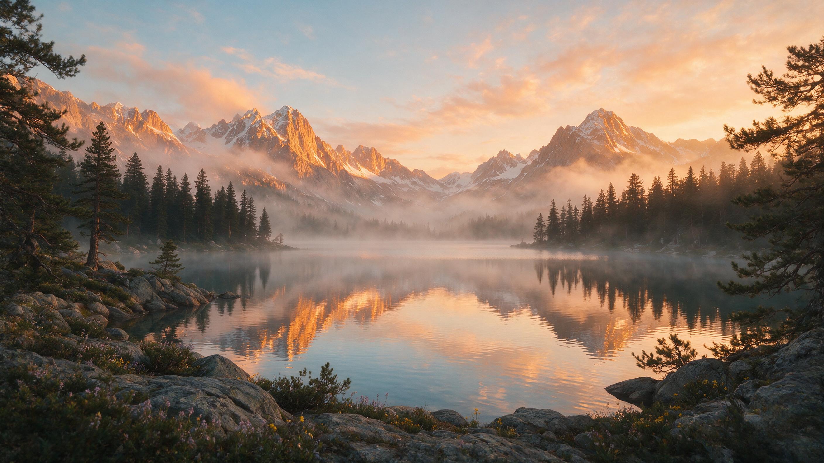 Misty mountain lake at sunrise, mirror-like water reflecting golden peaks, pine trees silhouette on shore, soft morning light through fog, gentle ripples on water surface, calm and serene atmosphere, wide angle landscape composition