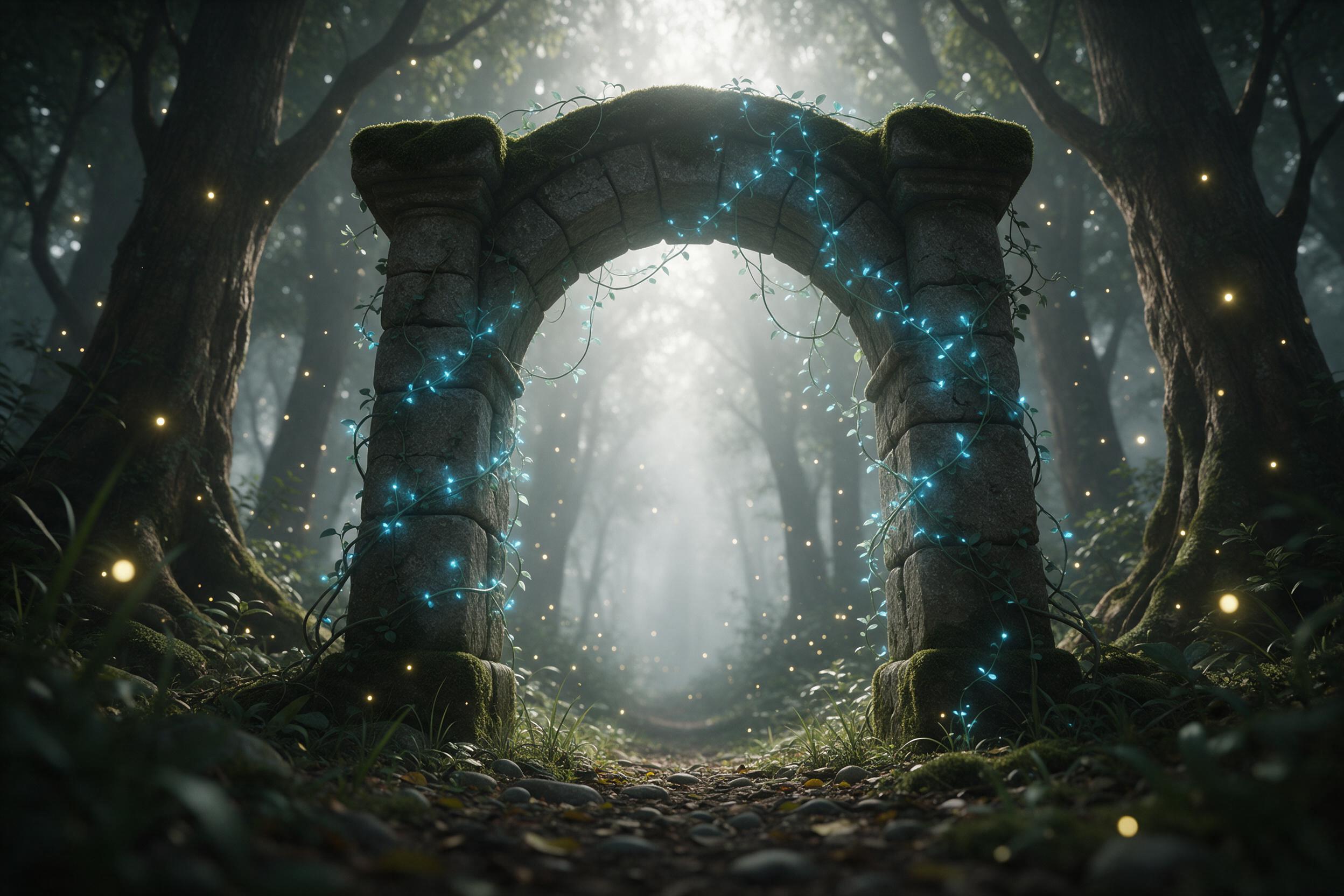 A moss-covered stone archway entwined with glowing blue vines stands in a misty enchanted forest, fireflies drifting through the air, soft ethereal light filtering through ancient trees, low-angle composition emphasizing the arch's grandeur, subtle depth of field, muted earthy tones with cyan magica