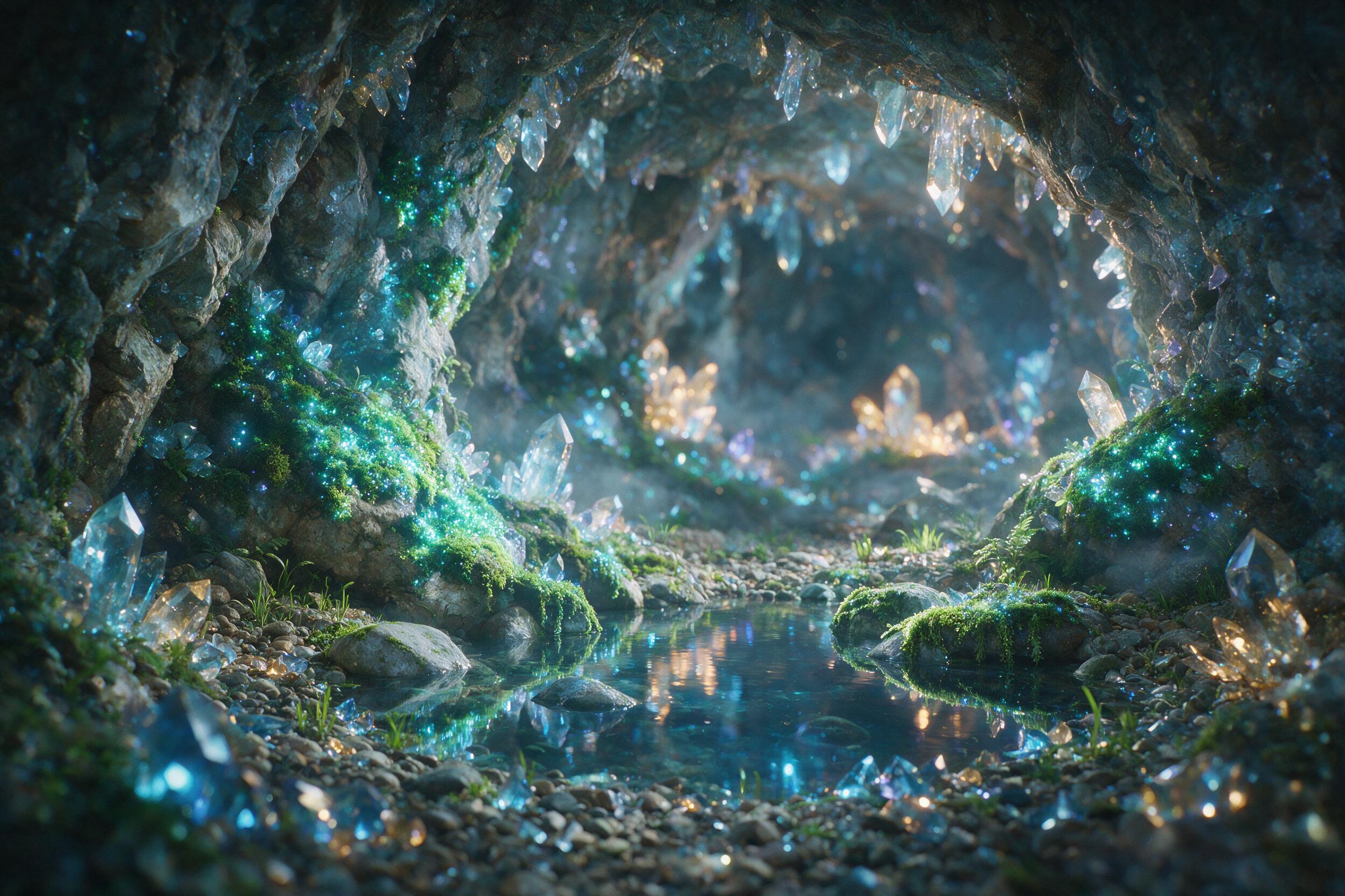 A luminous crystal cave, glowing bioluminescent moss on jagged rock walls, a small pond reflecting ethereal blue light, soft mist drifting, shallow depth of field, cinematic atmosphere, subtle grain, warm amber tones from distant glowing crystals.