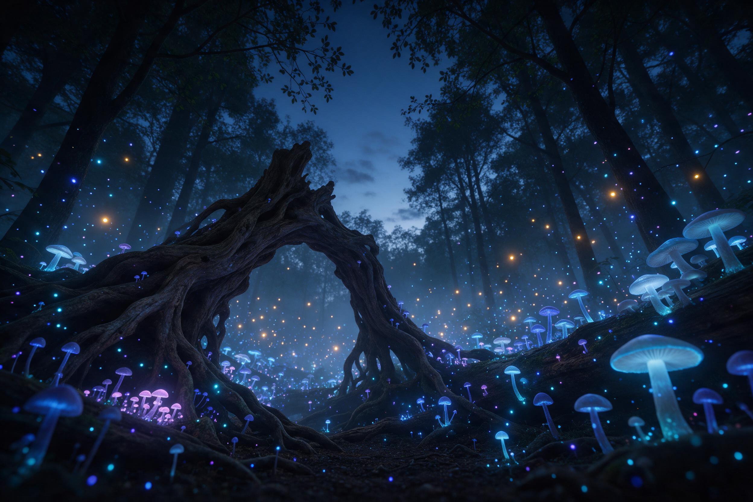 A bioluminescent mushroom forest under a deep twilight sky, glowing blue and violet spores weaving through misty air, ancient petrified tree roots forming a natural archway in the foreground, fireflies adding warm golden accents, cinematic composition with a low-angle view looking up through the can