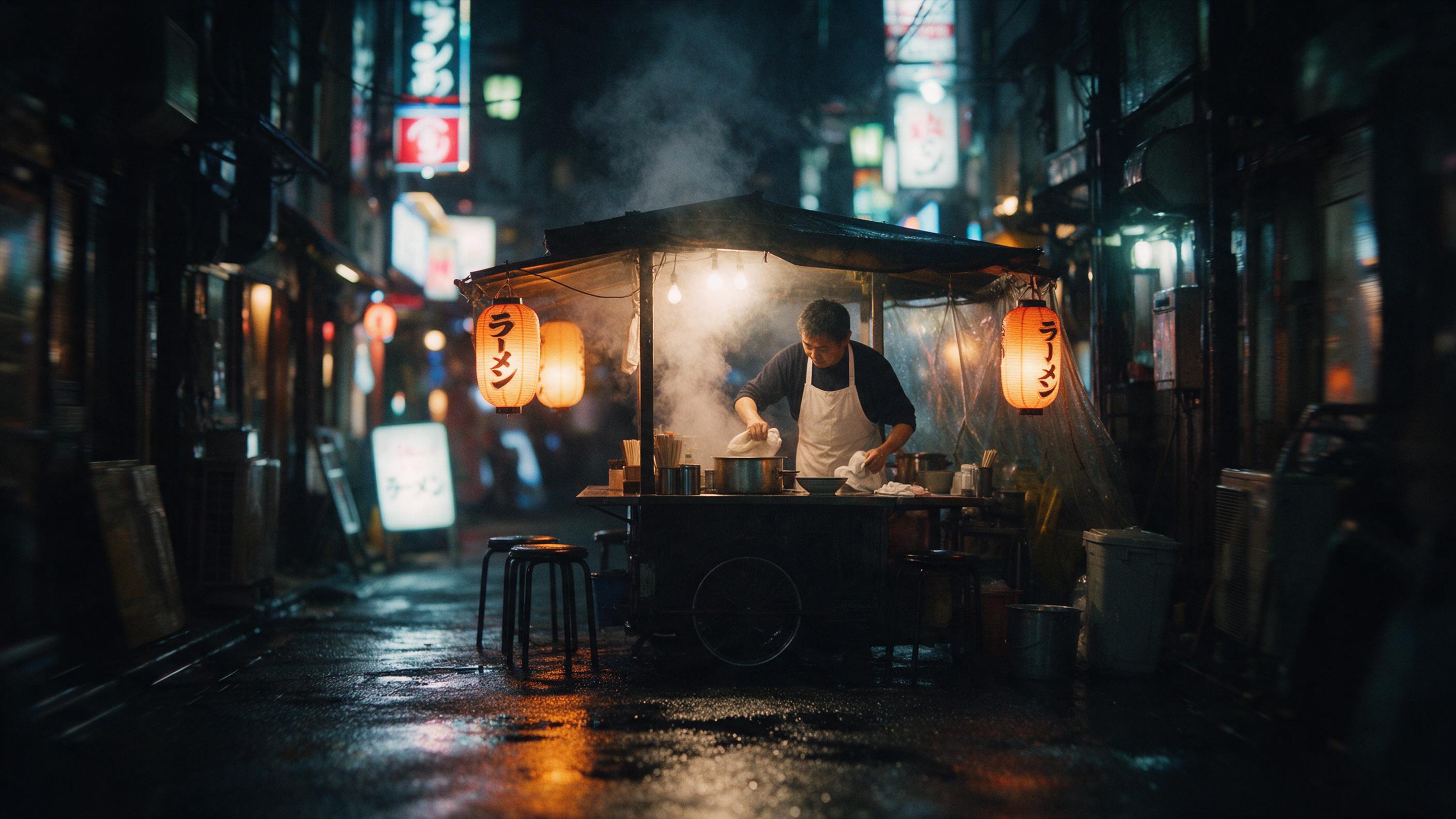 Rain-soaked Tokyo alley at midnight, steam rising from a ramen stall, warm lantern glow reflecting on wet asphalt, a lone chef in white apron wiping a counter, blurred neon signs in background, shallow depth of field, slight camera shake, film grain, moody atmosphere