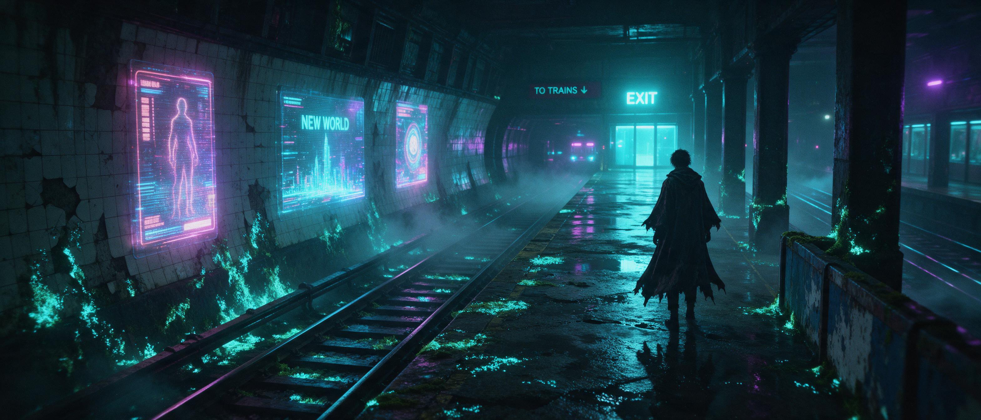 Abandoned neon-lit subway station overgrown with bioluminescent moss, holographic advertisements flicker on cracked tiles, a lone silhouette in a tattered raincoat stands by the tracks, volumetric fog rolling through, cyan and magenta glow reflecting on wet concrete, cinematic wide shot, subtle film