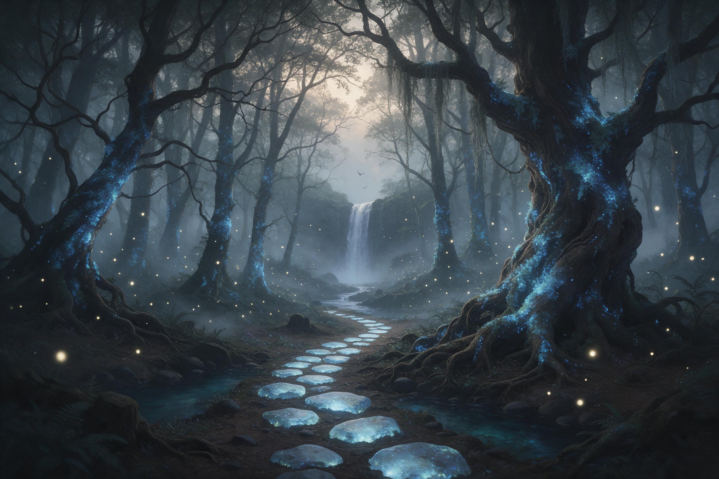 A misty forest at dawn, ancient gnarled trees draped with glowing blue moss, a winding path of luminescent stones leading to a distant waterfall, soft diffused light filtering through canopy, fireflies drifting, gentle mist curling around trunks, muted greens and ethereal blue tones, painterly style