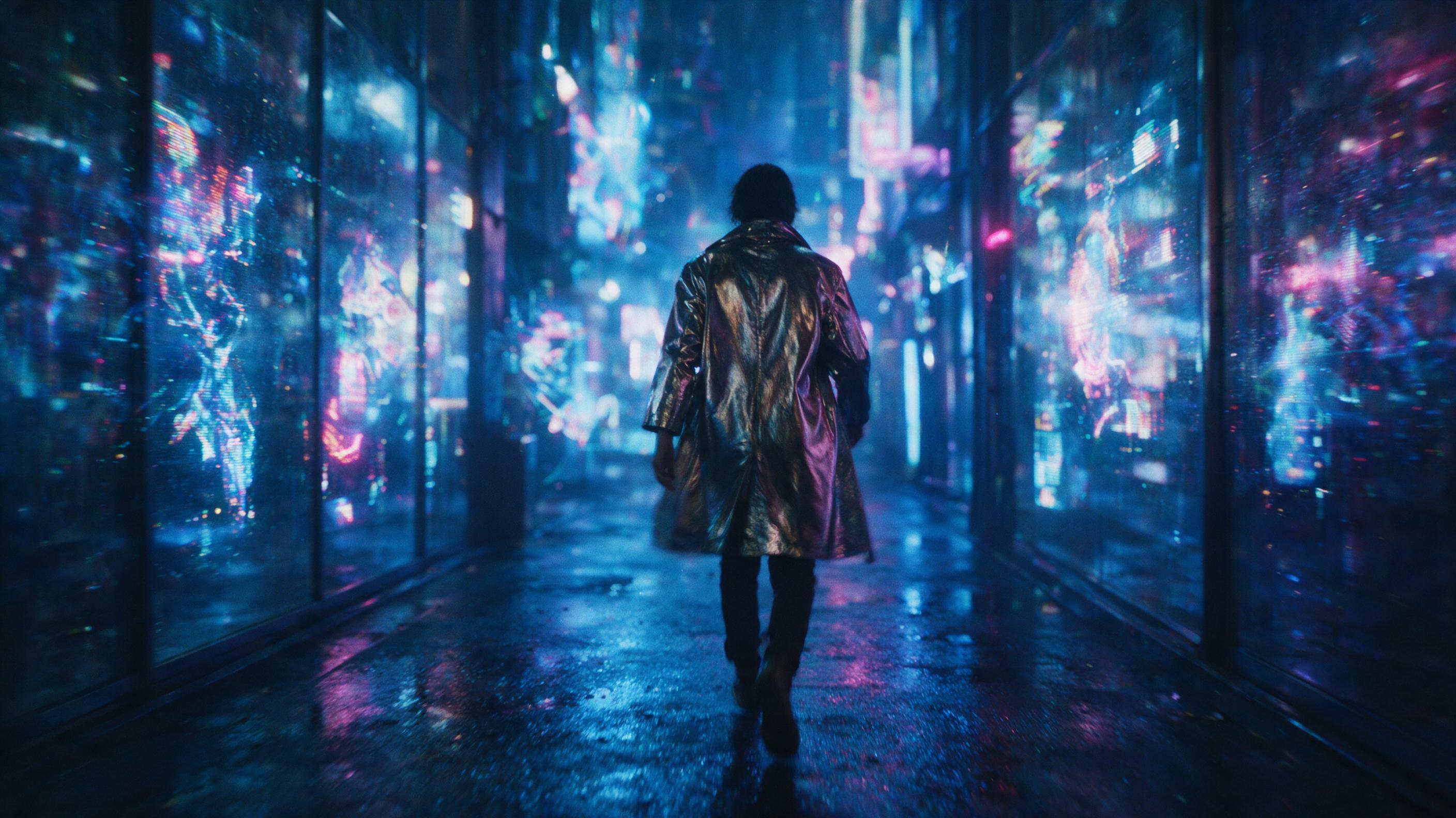 A neon-lit rain-slicked alley in a futuristic Tokyo, holographic advertisements flickering on wet glass, a lone figure in a metallic coat walks away, blue and magenta light reflections, shallow depth of field, slight grain, natural motion blur from slow shutter speed.