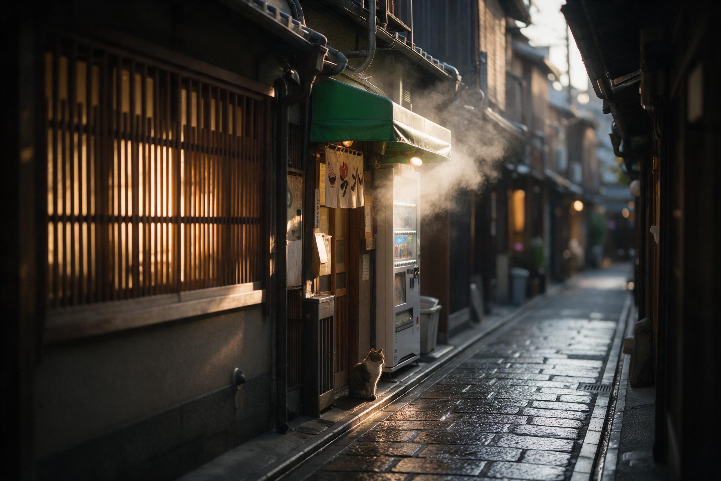 A quiet morning in a narrow Kyoto alley, warm golden light filtering through wooden lattice screens, a small green awning over a tiny ramen shop, steam rising from a vending machine, wet cobblestones reflecting soft light, a lone cat sitting by a doorway, shallow depth of field, cinematic compositio