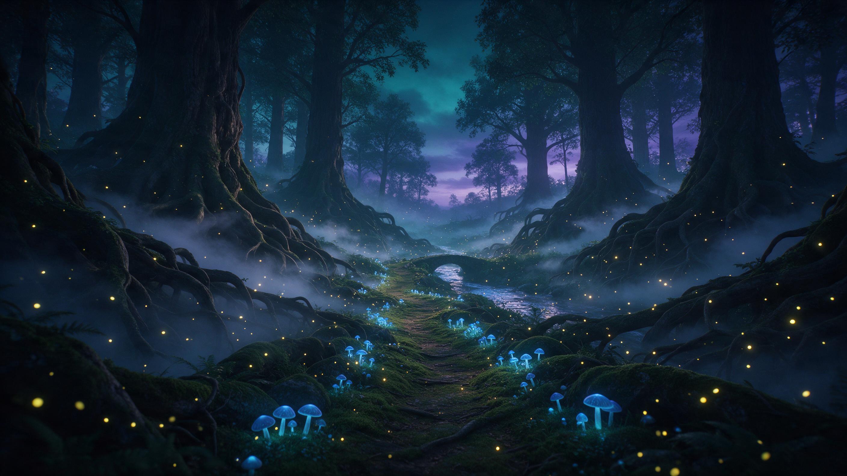 A misty enchanted forest at twilight, ancient towering trees with glowing blue mushrooms lining a winding mossy path, fireflies dancing in soft golden light, ethereal fog rolling between gnarled roots, a small stone bridge crossing a shimmering stream, deep teal and violet hues in the sky, cinematic