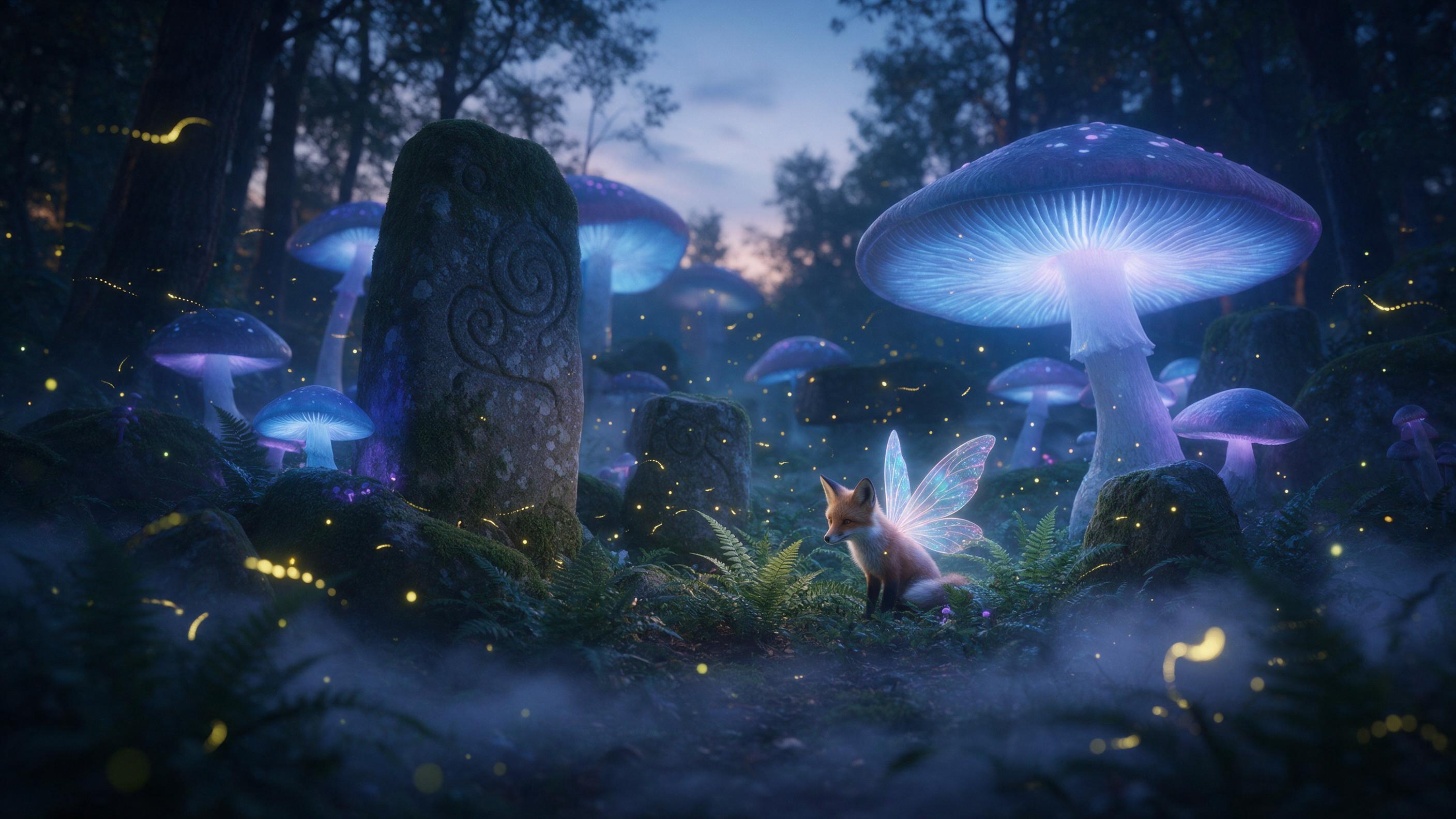 A mystical forest clearing at twilight, where giant glowing mushrooms cast soft blue and purple light on ancient moss-covered stones. A small fox with translucent, iridescent wings sits among ferns. Fireflies drift in the air, leaving streaks of golden light. Mist rolls along the ground, and the sce