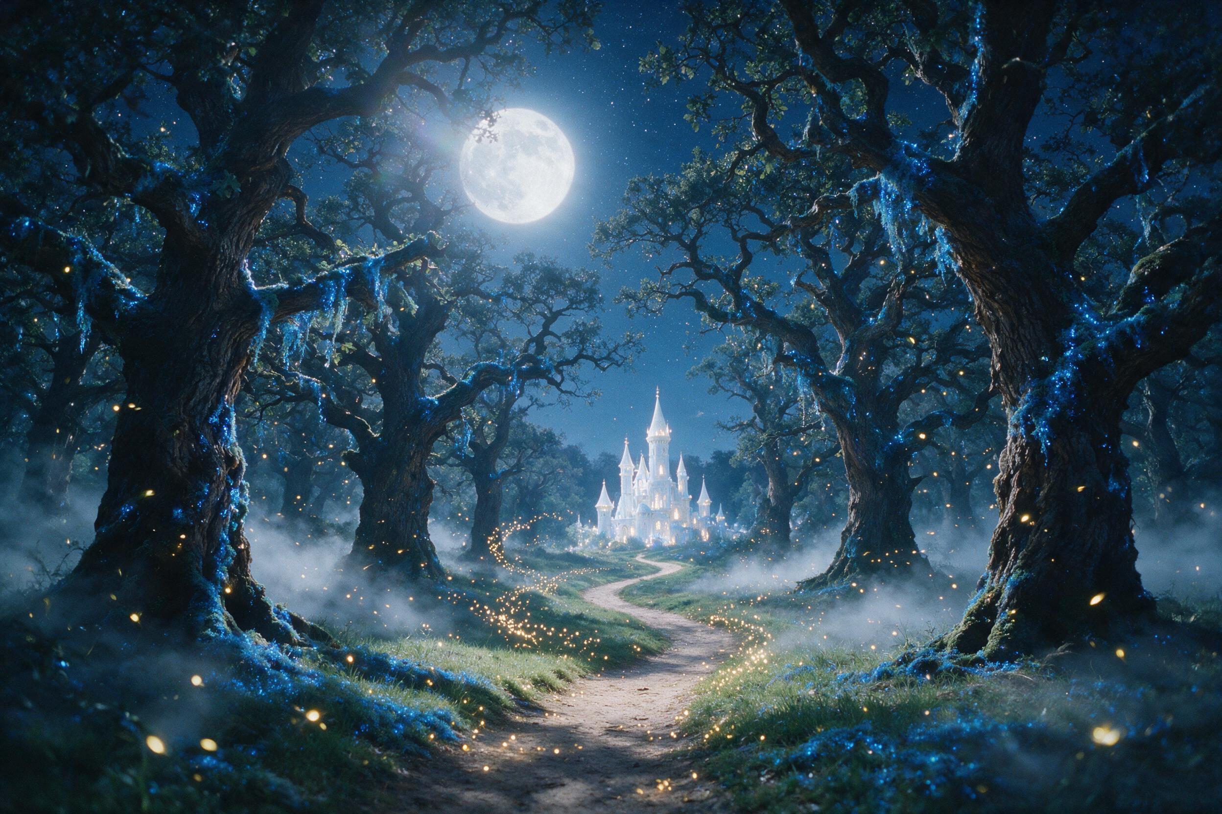 A luminous moonlit forest with ancient, gnarled trees draped in glowing blue moss. A narrow winding path leads to a distant, ethereal castle. Soft mist hugs the ground. Fireflies drift in golden swirls, casting a warm, magical glow. Shot on 35mm film, natural grain, slight lens flare from the moonli