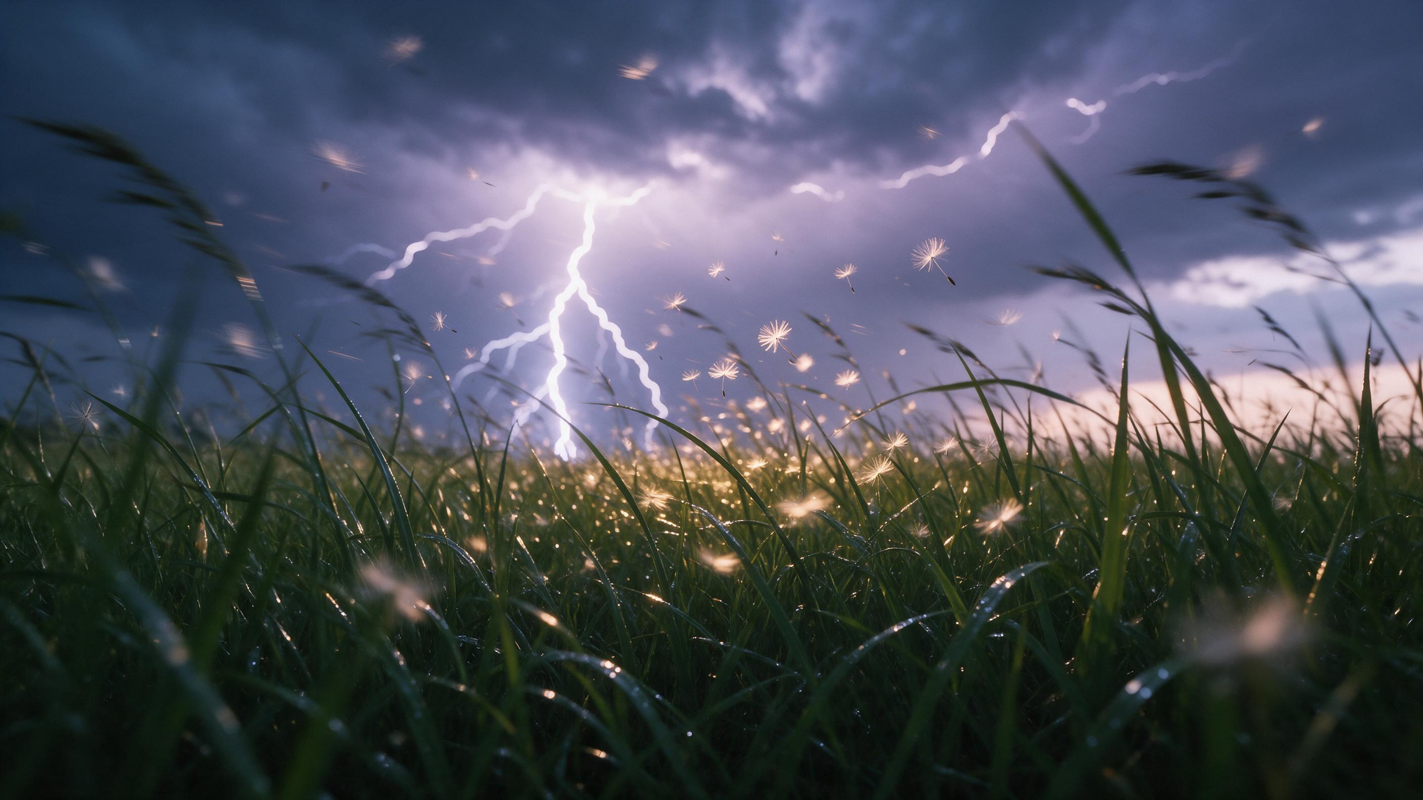 A field of tall, deep green grass under a stormy twilight sky; distant lightning forks illuminate wet blades; scattered dandelion seeds drift mid-air, catching golden light; natural motion blur from wind; silvery-purple cloud texture; low-angle composition with foreground detail