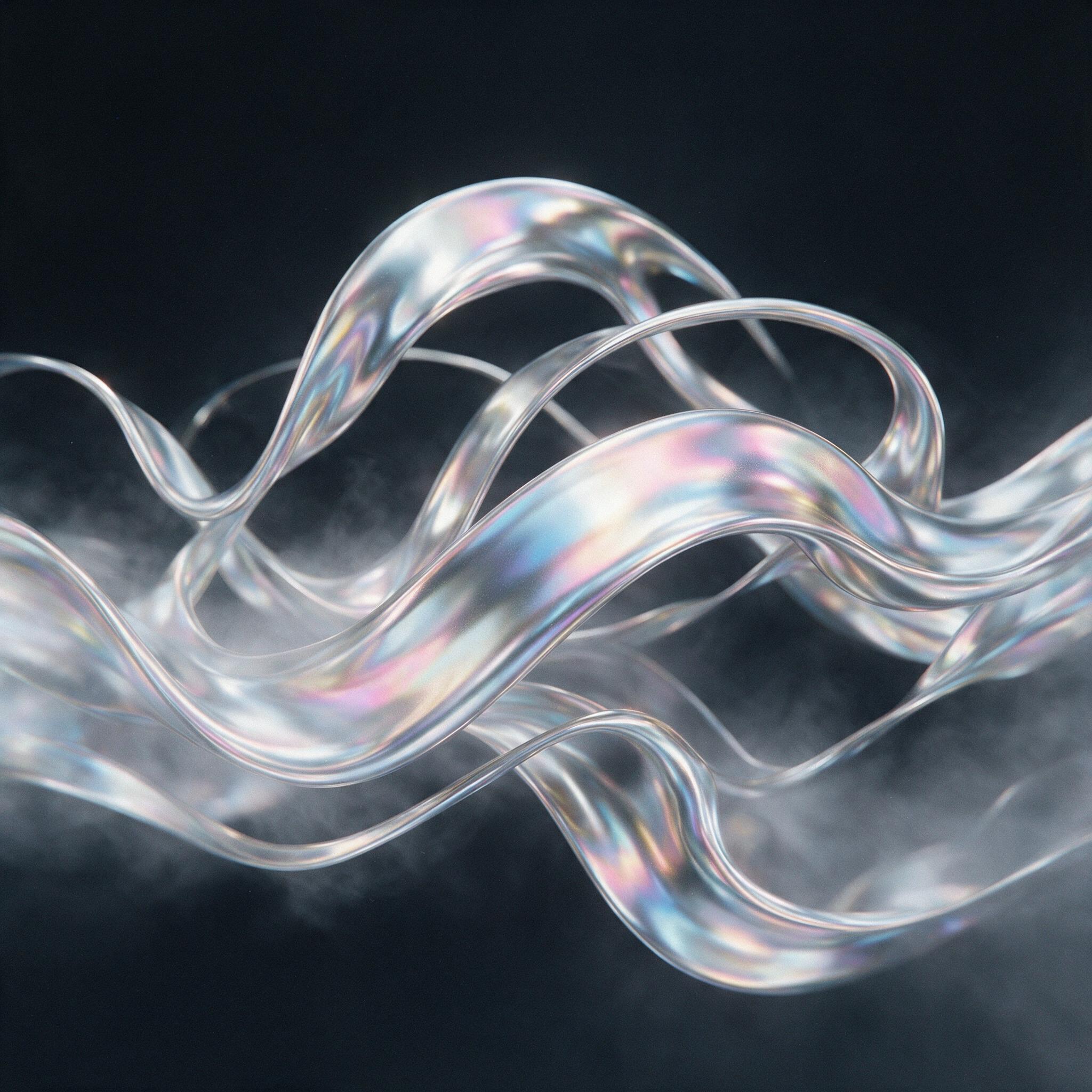 Minimalist composition of flowing liquid metal, silver and iridescent hues, frozen in mid-air as smooth ribbons, soft studio lighting with gentle reflections, light fog, subtle grain, clean dark background, no text or clutter